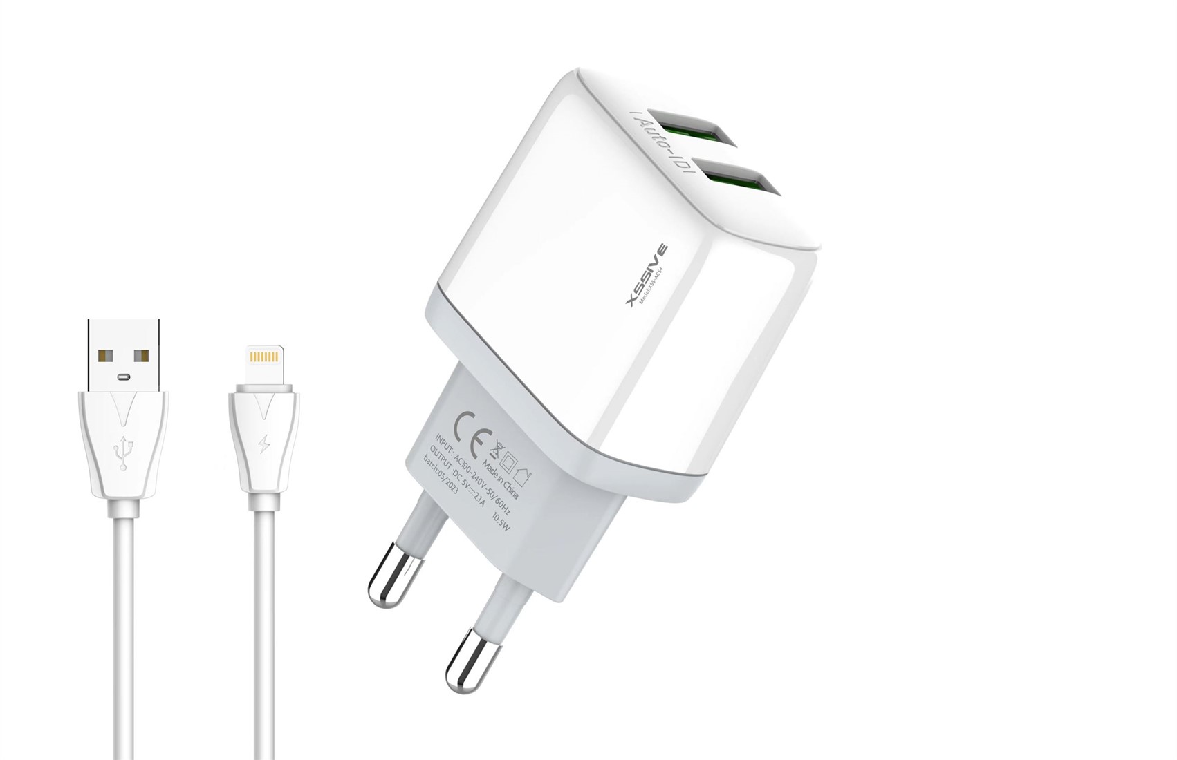 Xssive Duo USB Oplader + Lightning Kabel – 2.1A Snellader voor iPhone & iPad – Dual USB Charger – Wit (XSS-AC54-IP)