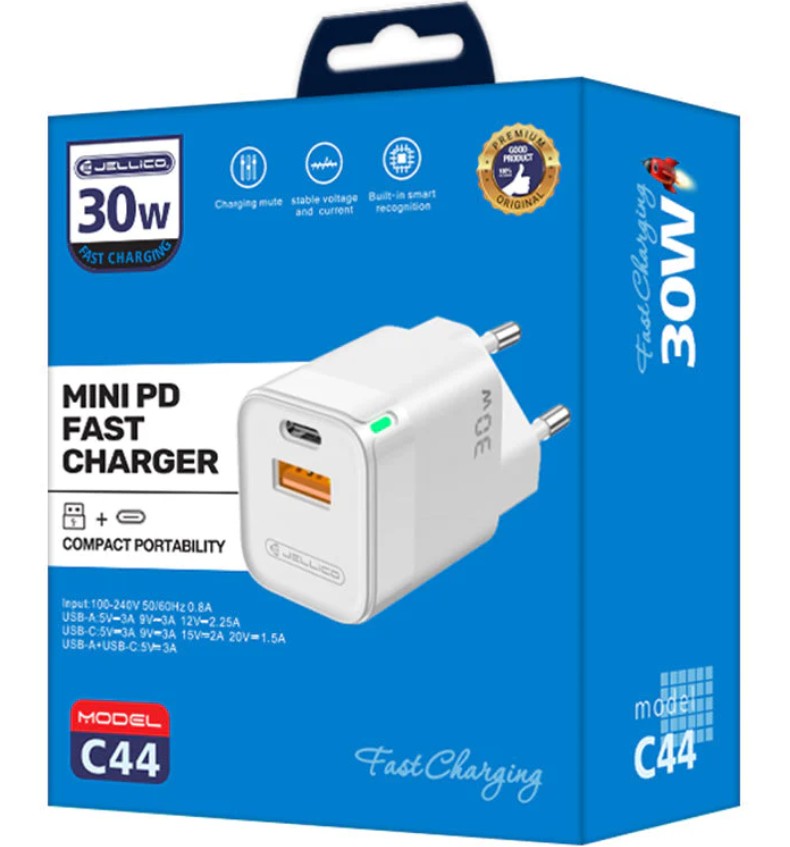 Jellico 30W Snellader USB-C & USB-A – PD Fast Charger – Compacte Oplader – Wit (Model C44)