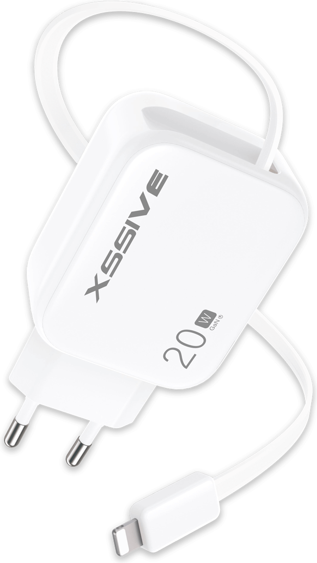 Xssive 20W PD GaN Snellader met Uitschuifbare Lightning Kabel (8-pin) – Compacte iPhone Oplader – Wit