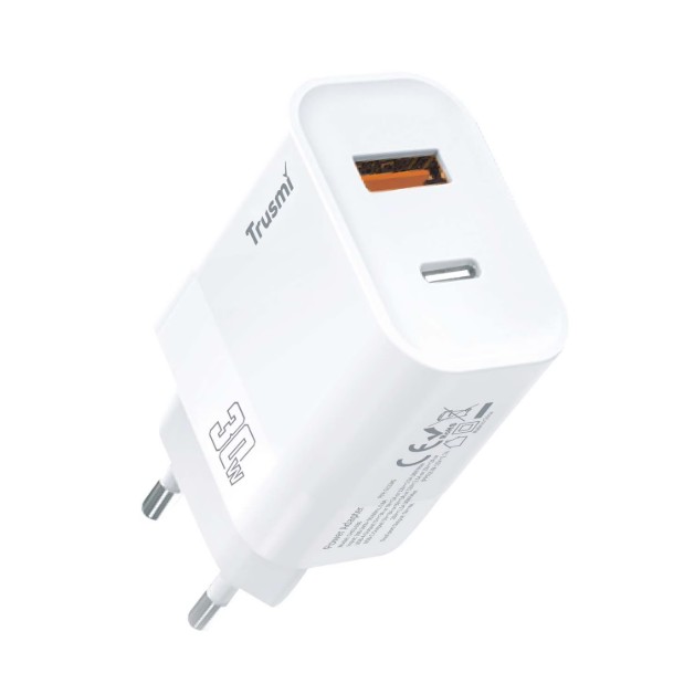 TRUSMI 30W GaN Snellader USB-C + USB-A – PD & QC Fast Charger – Dual Port Oplader – iPhone & Samsung – Wit (CH02-038)