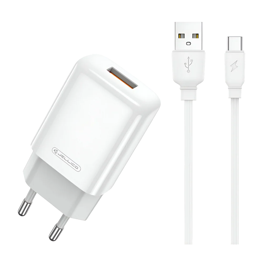Jellico EU01 Oplader + USB-C Kabel – 2.4A USB-A Snellader Set – Complete Charger Kit voor Samsung & USB-C – Wit