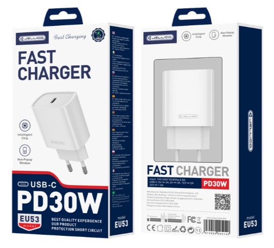 Jellico PD 30W USB-C Snellader – Wall Charger EU53 – Fast Charger – Smartphone / tablet – Wit