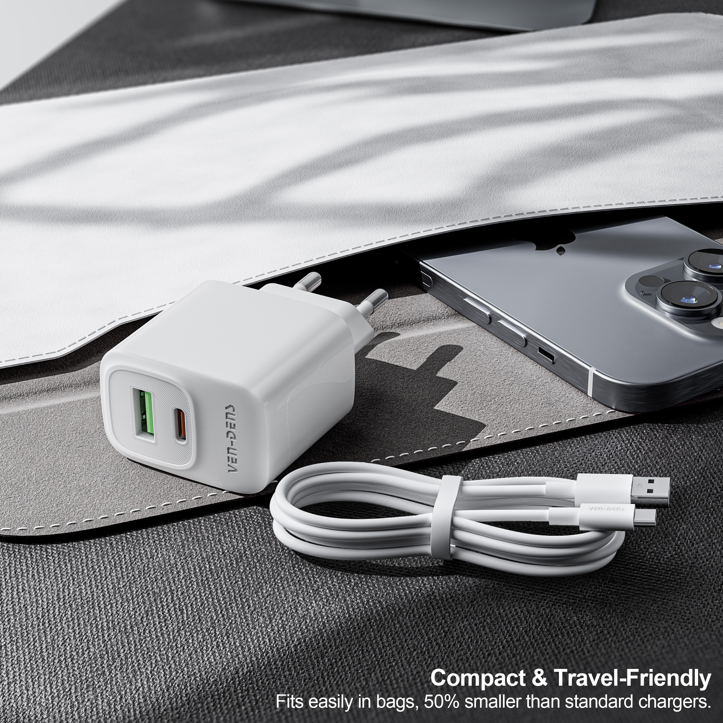 20W Snellader USB-C + USB-A – Power Delivery Fast Charger – Dual Port Oplader – iPhone & Samsung – zwart