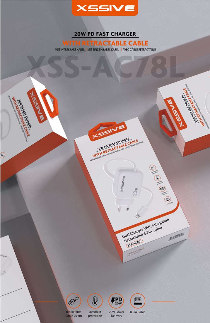 Xssive 20W PD GaN Snellader met Uitschuifbare Lightning Kabel (8-pin) – Compacte iPhone Oplader – Wit