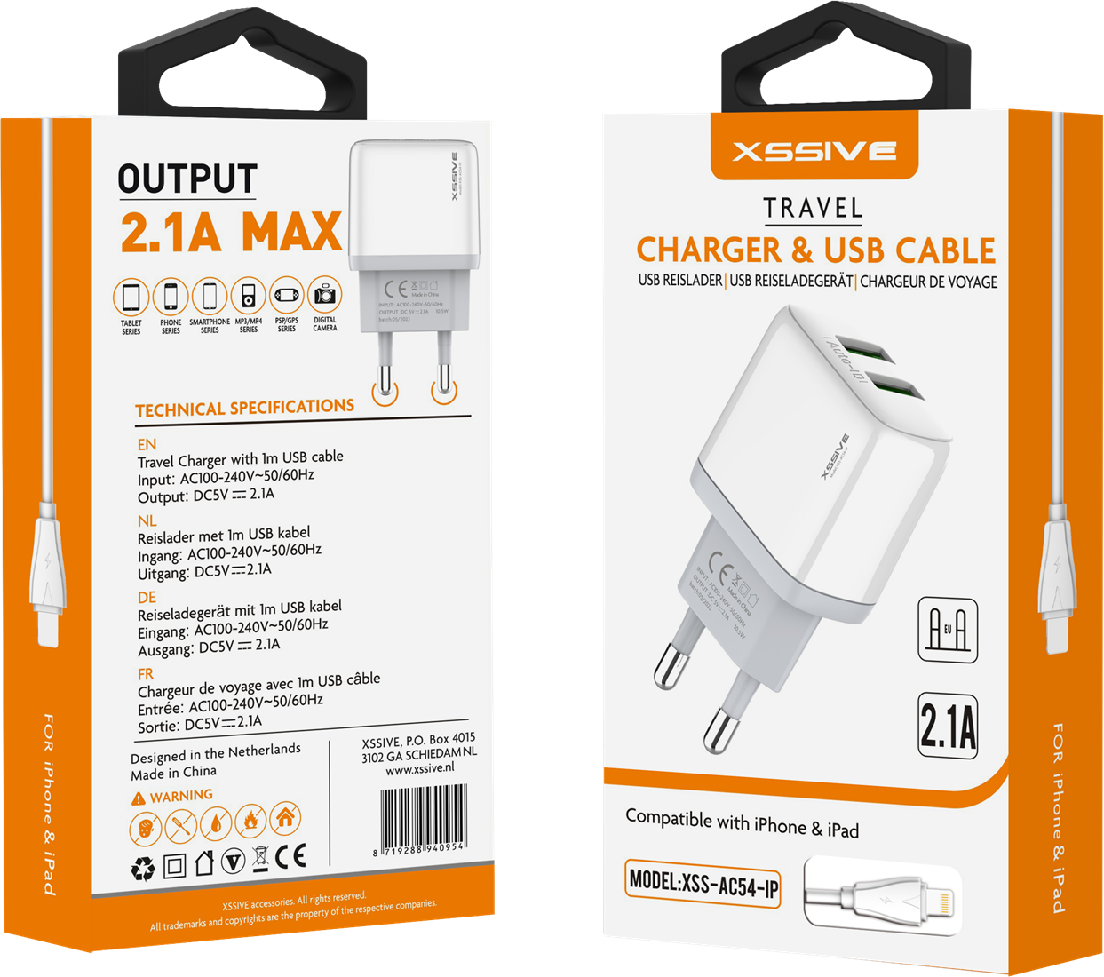 Xssive Duo USB Oplader + Lightning Kabel – 2.1A Snellader voor iPhone & iPad – Dual USB Charger – Wit (XSS-AC54-IP)