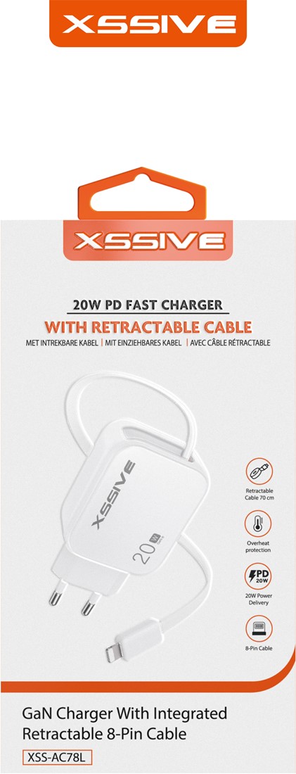 Xssive 20W PD GaN Snellader met Uitschuifbare Lightning Kabel (8-pin) – Compacte iPhone Oplader – Wit