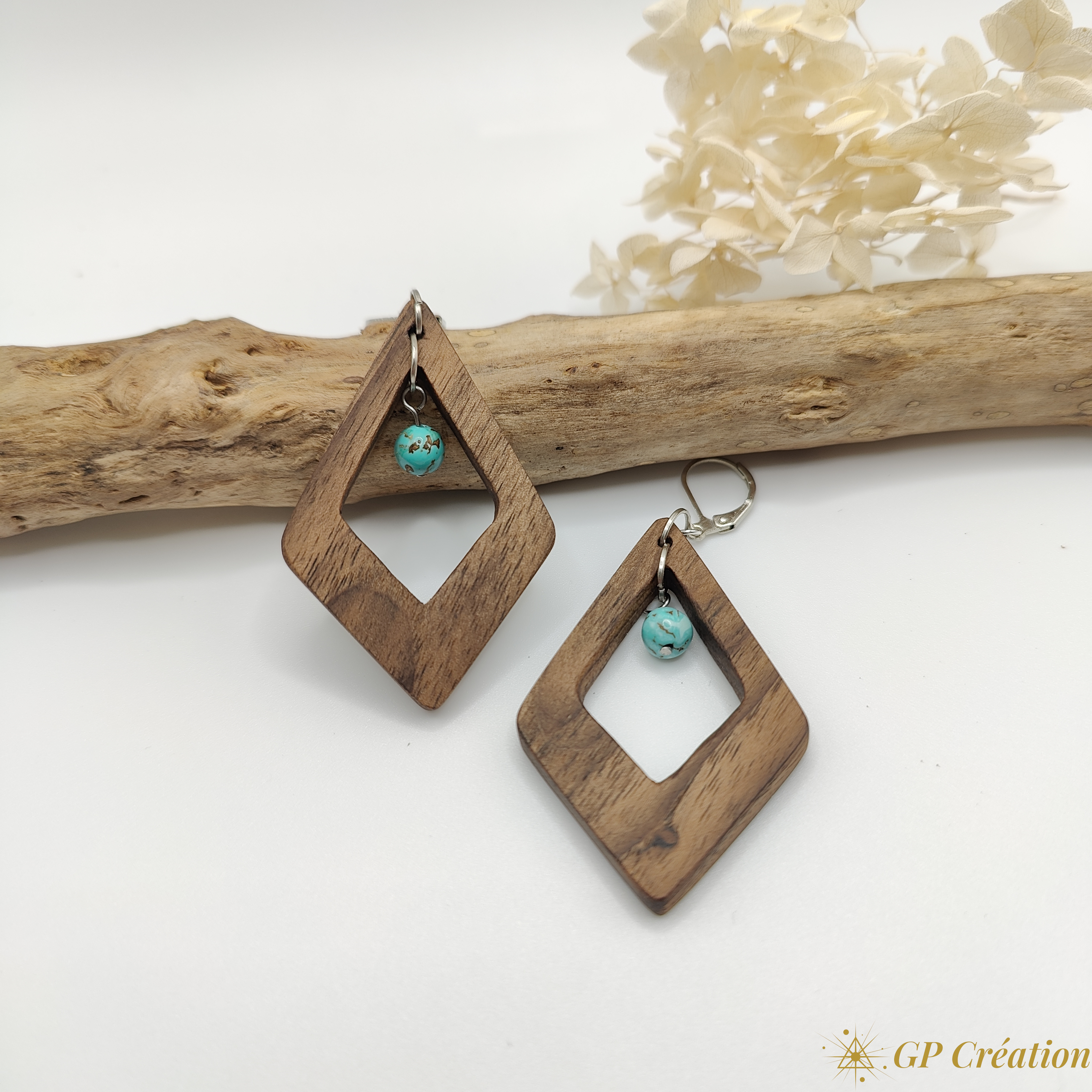 Boucles d'oreilles noyer et turquoise