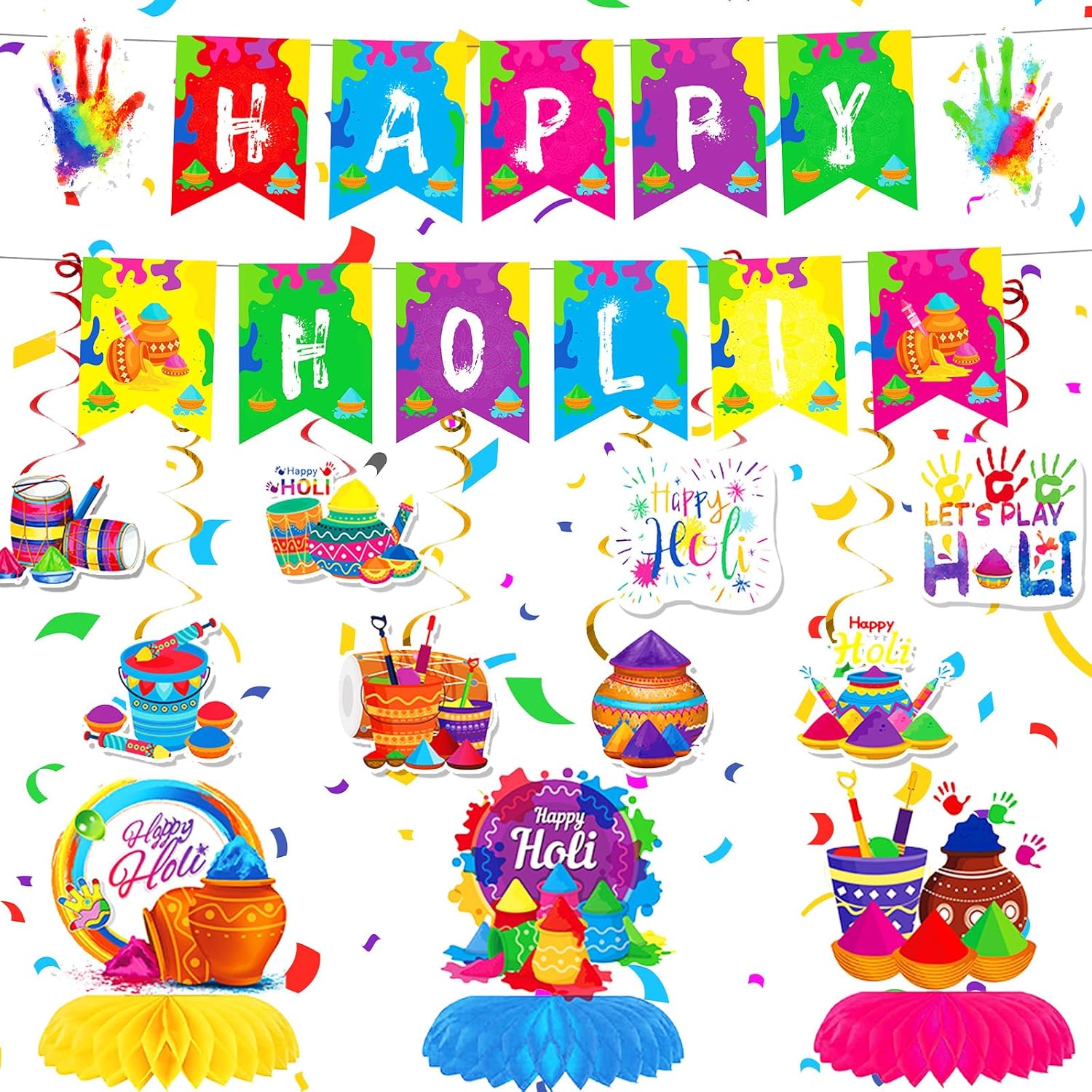 Holi Decoration Indian Festival Happy Holi Party decorations 2 in 1 Holi Hang Banners 8Pcs Holi Festival Decorations Hanging Swirls and 3Pcs Honeycomb Centerpiece for Colored Chalk Party Supplies