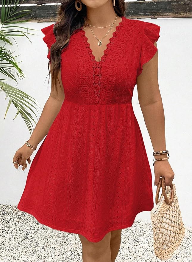  Red Holi Ruffle Cap Sleeve Lace V-Neck Embroidery Eyelet A-Line Dress