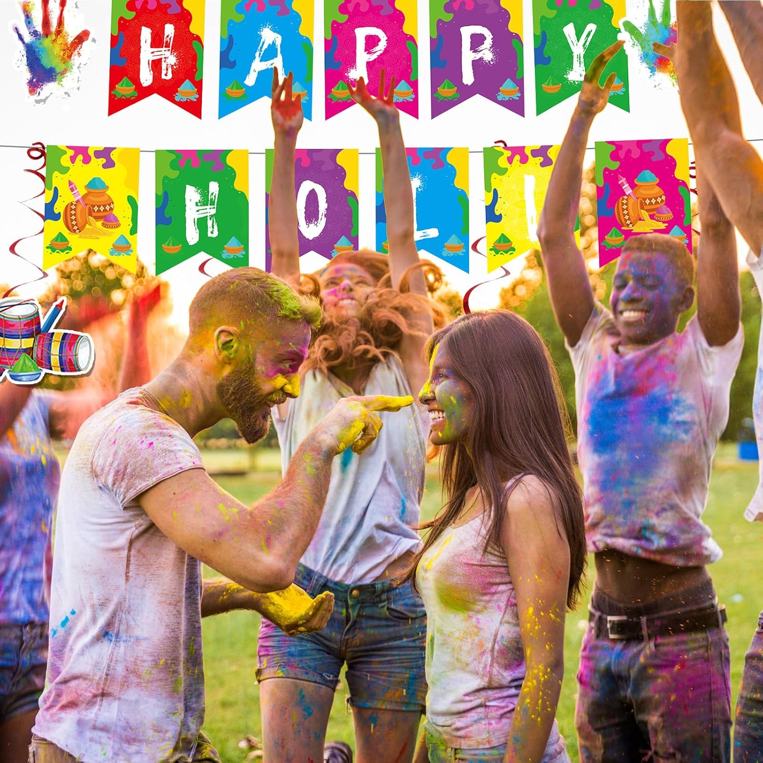 Holi Decoration Indian Festival Happy Holi Party decorations 2 in 1 Holi Hang Banners 8Pcs Holi Festival Decorations Hanging Swirls and 3Pcs Honeycomb Centerpiece for Colored Chalk Party Supplies