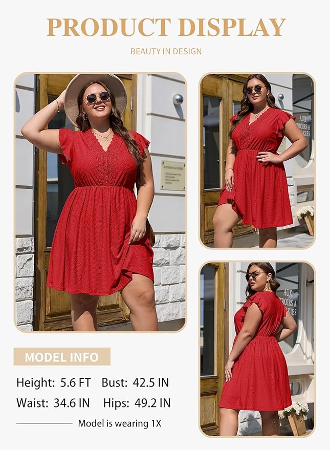  Red Holi Ruffle Cap Sleeve Lace V-Neck Embroidery Eyelet A-Line Dress