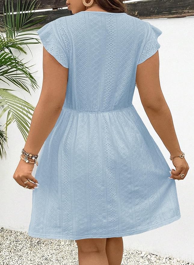 Blue Holi Ruffle Cap Sleeve Lace V Neck Embroidery Eyelet A Line Dress