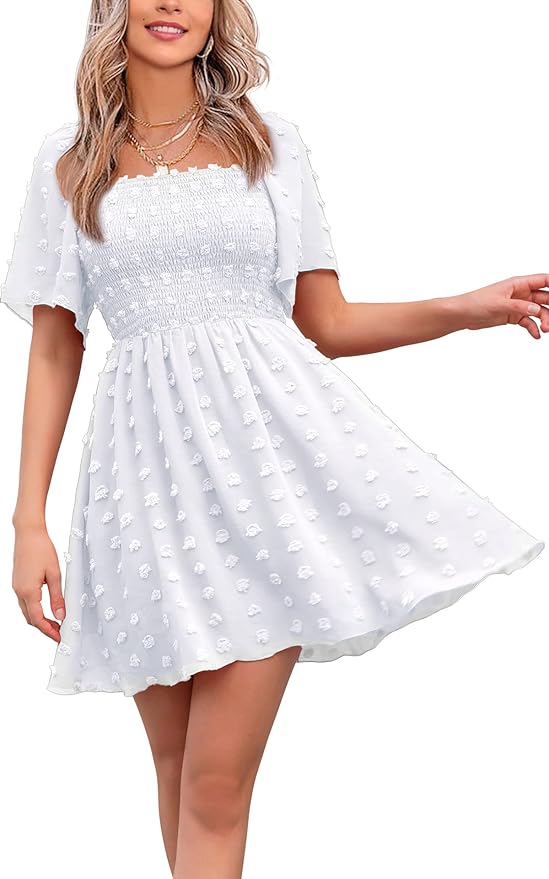 EXLURA Women's 2026 Summer Casual Square Neck Dresses Ruffle Short Sleeve Swiss Dot Flowy Mini Dress