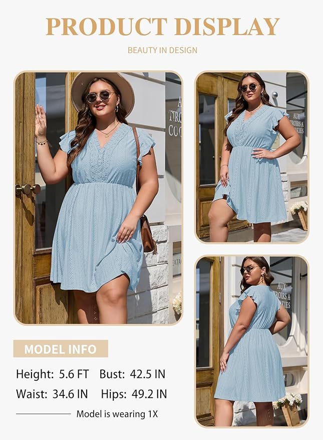 Blue Holi Ruffle Cap Sleeve Lace V Neck Embroidery Eyelet A Line Dress