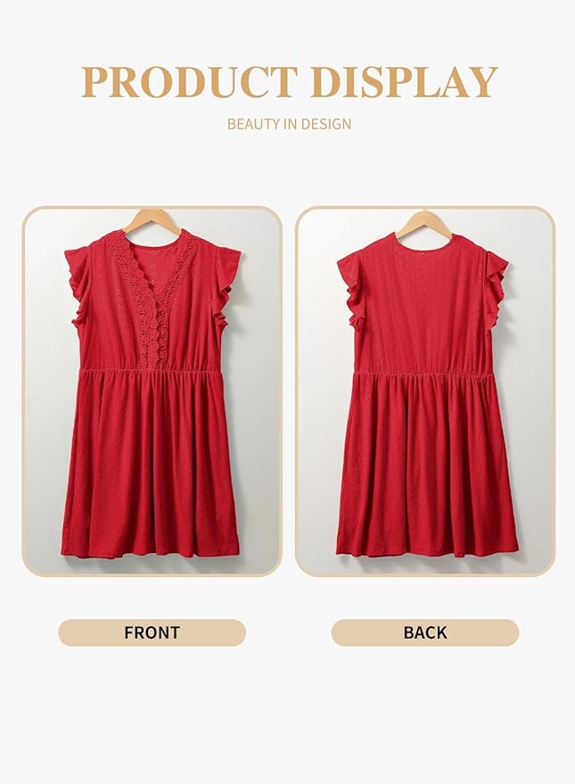  Red Holi Ruffle Cap Sleeve Lace V-Neck Embroidery Eyelet A-Line Dress