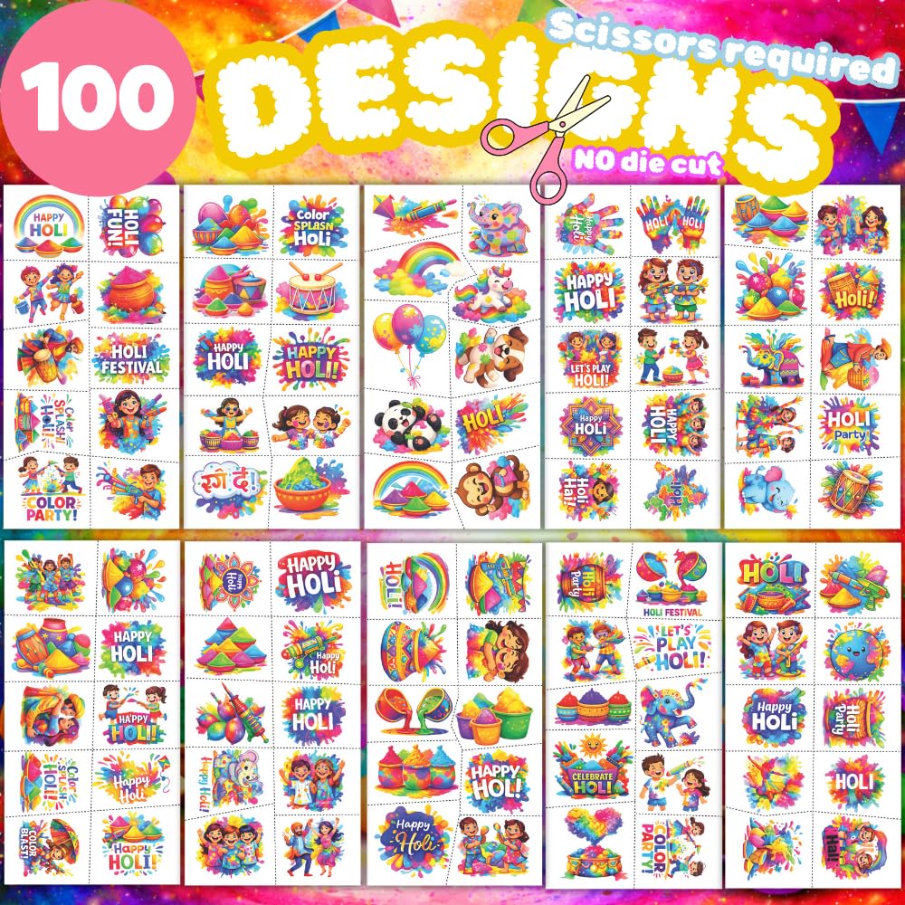 Holi Day Temporary Tattoo Stickers - 100pcs Holi Party Favors Indian Festival of Colors Party Happy Holi Party Supplies Decorations Colorful Holi Religious for Women Men