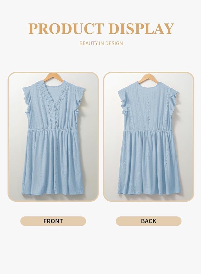 Blue Holi Ruffle Cap Sleeve Lace V Neck Embroidery Eyelet A Line Dress