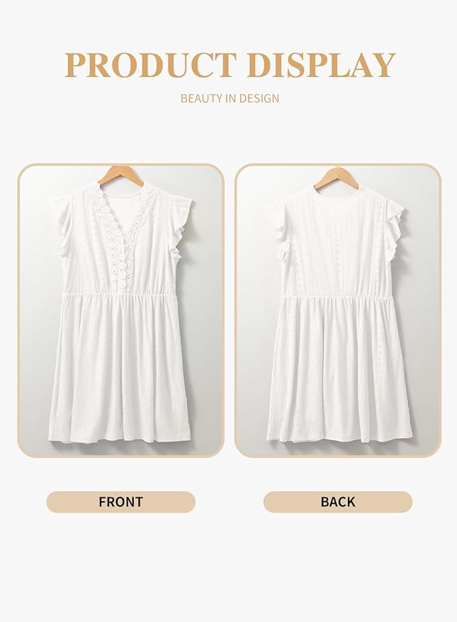 White Holi Ruffle Cap Sleeve Lace V Neck Embroidery Eyelet A Line Dress