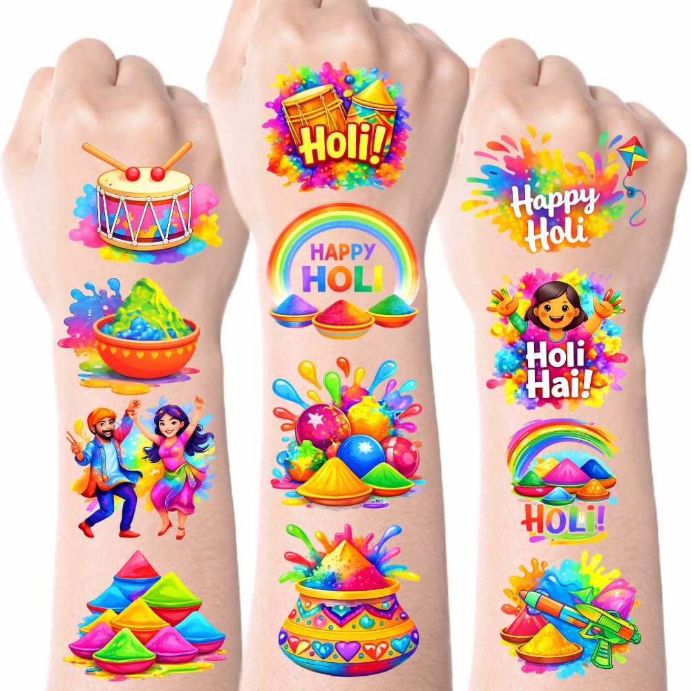 Holi Day Temporary Tattoo Stickers - 100pcs Holi Party Favors Indian Festival of Colors Party Happy Holi Party Supplies Decorations Colorful Holi Religious for Women Men