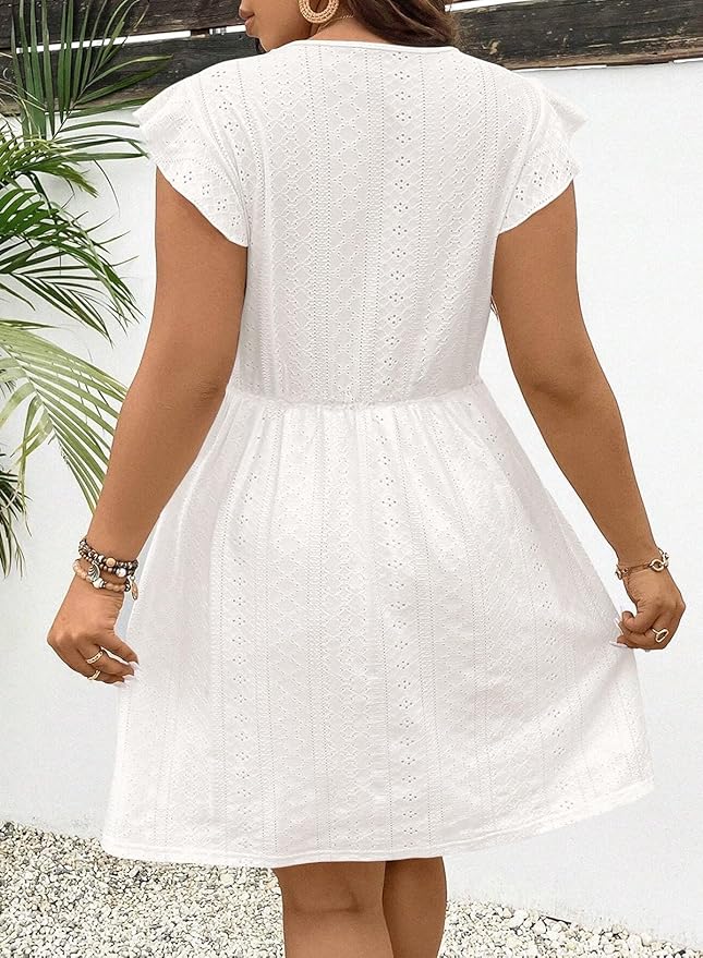 White Holi Ruffle Cap Sleeve Lace V Neck Embroidery Eyelet A Line Dress