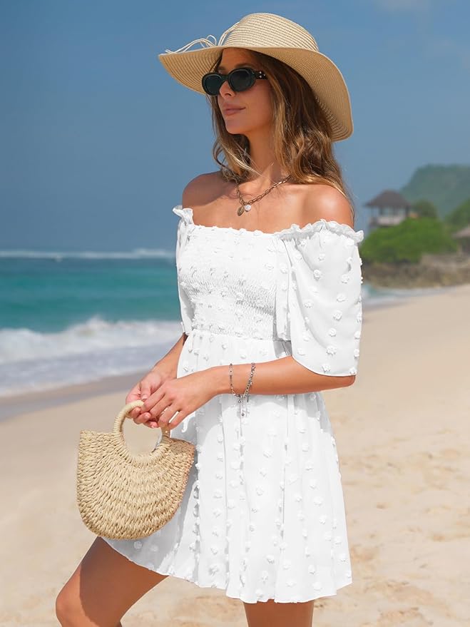 EXLURA Women's 2026 Summer Casual Square Neck Dresses Ruffle Short Sleeve Swiss Dot Flowy Mini Dress