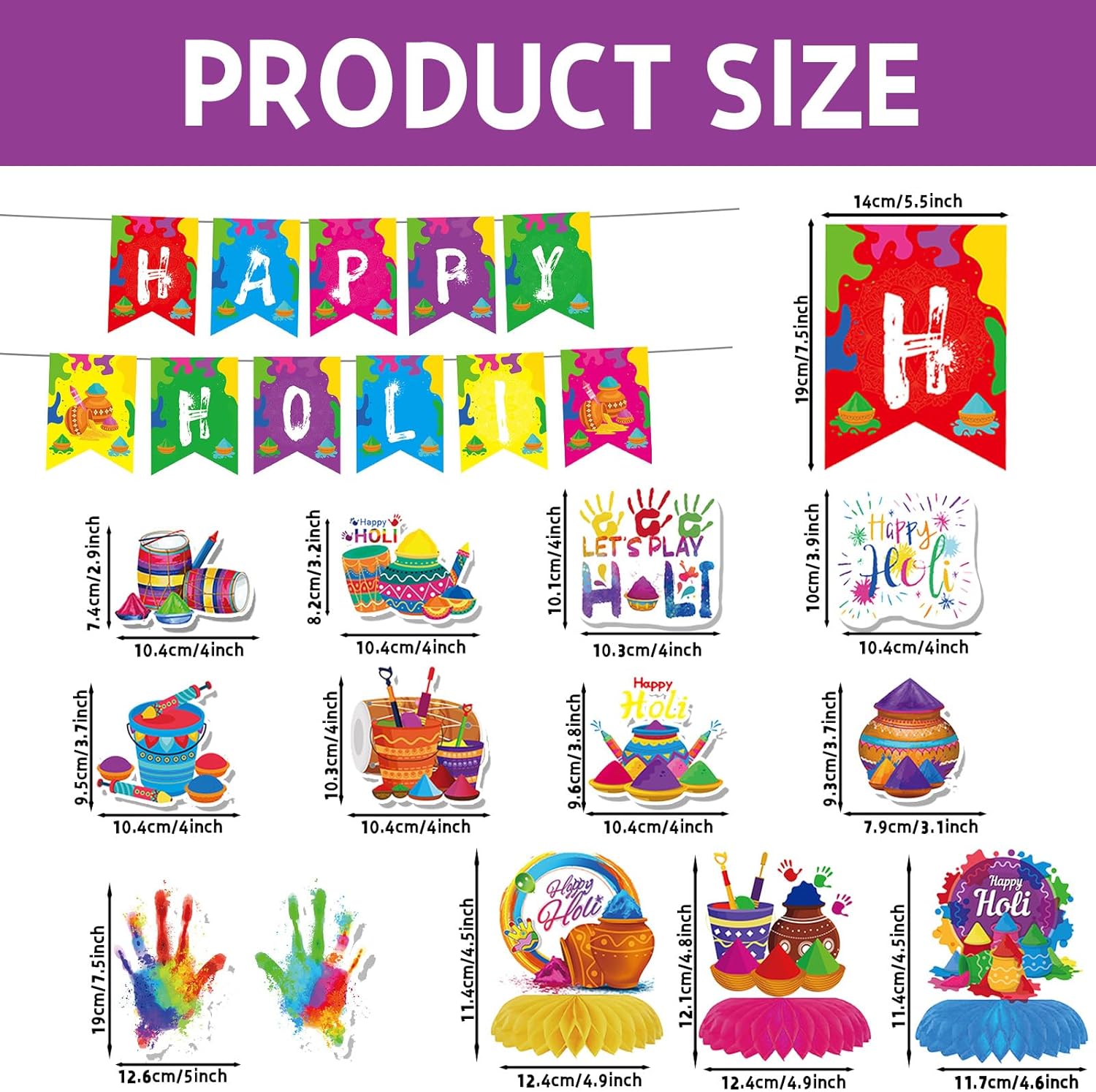 Holi Decoration Indian Festival Happy Holi Party decorations 2 in 1 Holi Hang Banners 8Pcs Holi Festival Decorations Hanging Swirls and 3Pcs Honeycomb Centerpiece for Colored Chalk Party Supplies