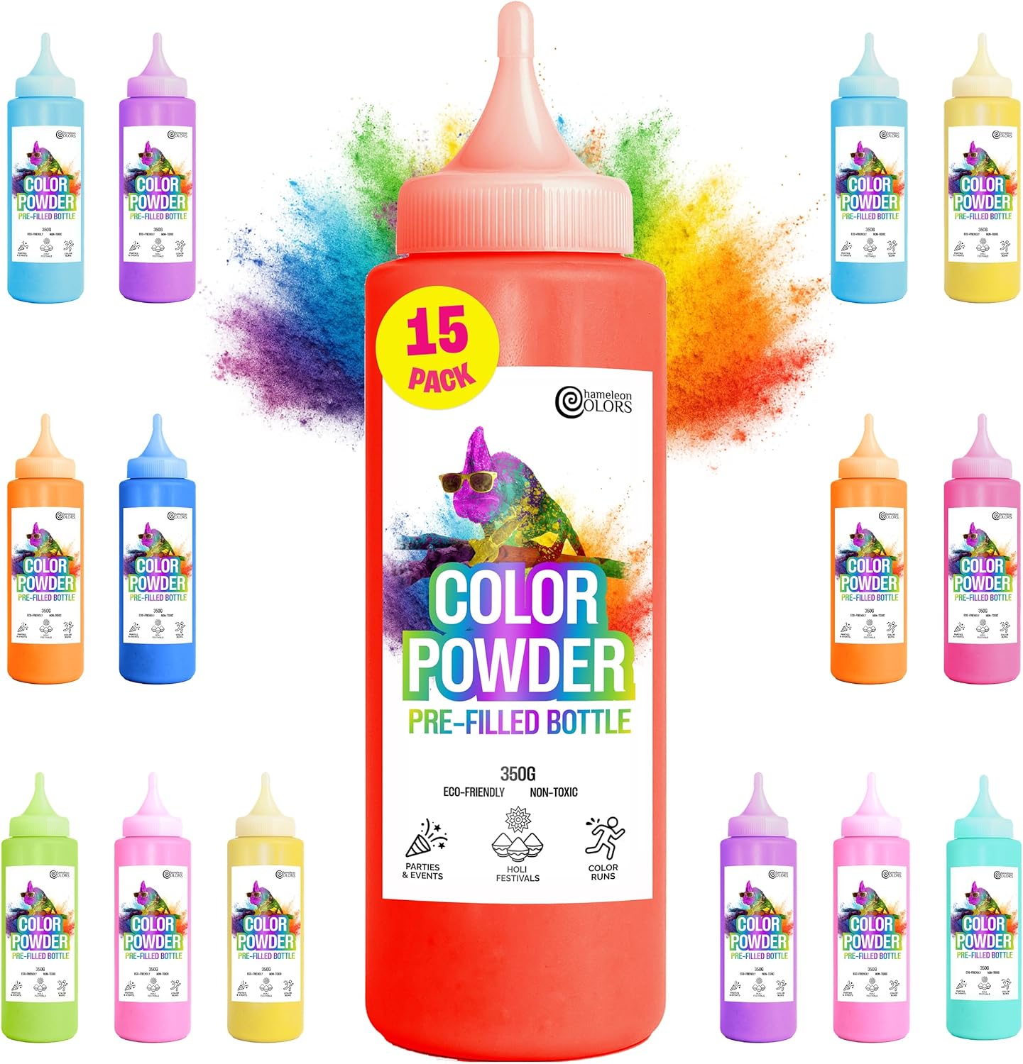 Vibrant Holi Colors Pre-Filled Squeeze Bottles, 15 Pack, 10 Colors,   Delivered on 3rd march