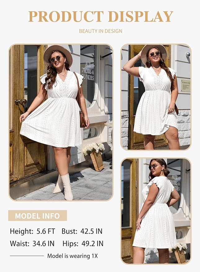 White Holi Ruffle Cap Sleeve Lace V Neck Embroidery Eyelet A Line Dress