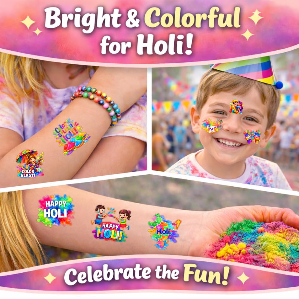 Holi Day Temporary Tattoo Stickers - 100pcs Holi Party Favors Indian Festival of Colors Party Happy Holi Party Supplies Decorations Colorful Holi Religious for Women Men