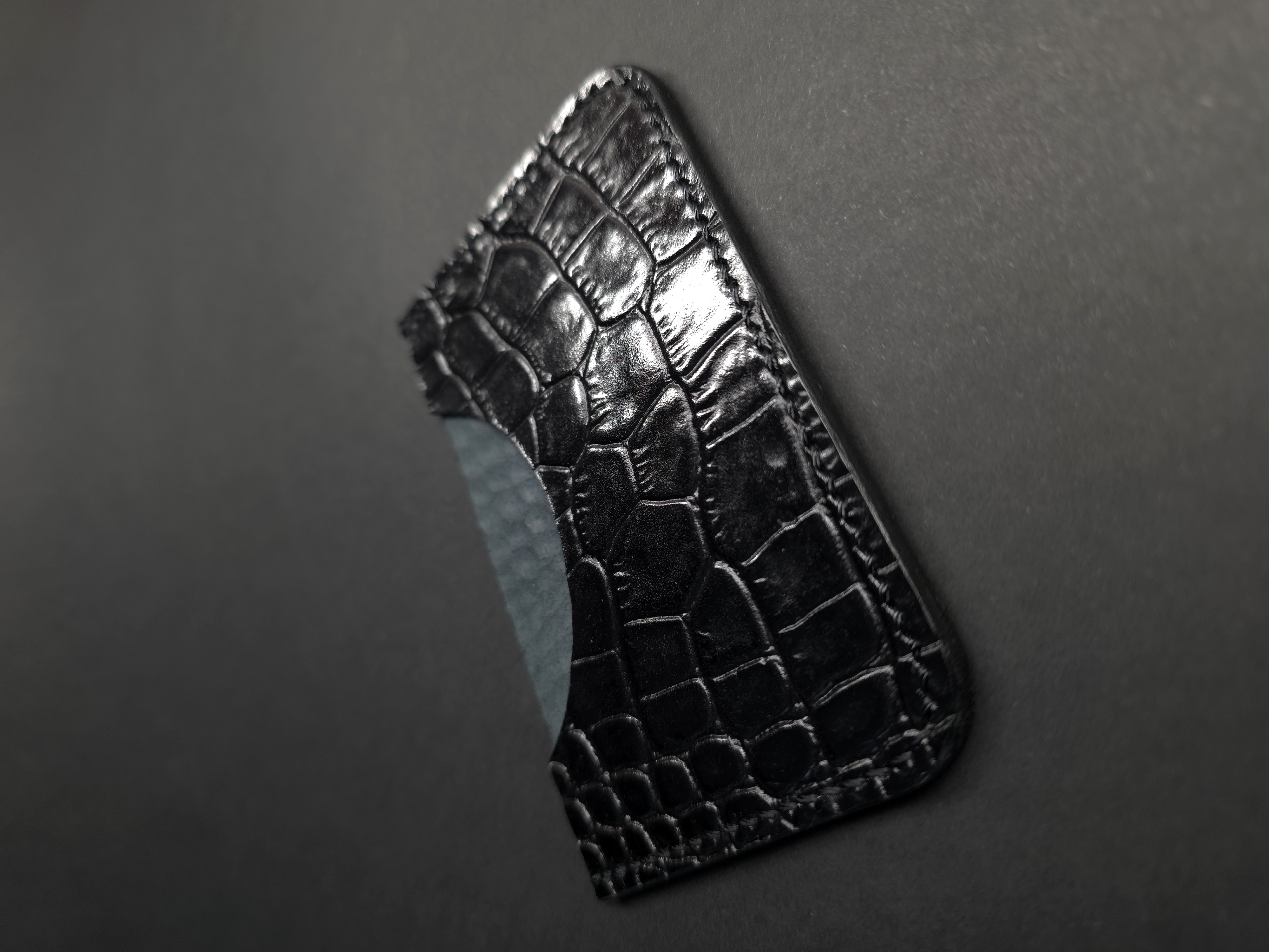 Handstitched Black Crocodile Print Leather Card Holder