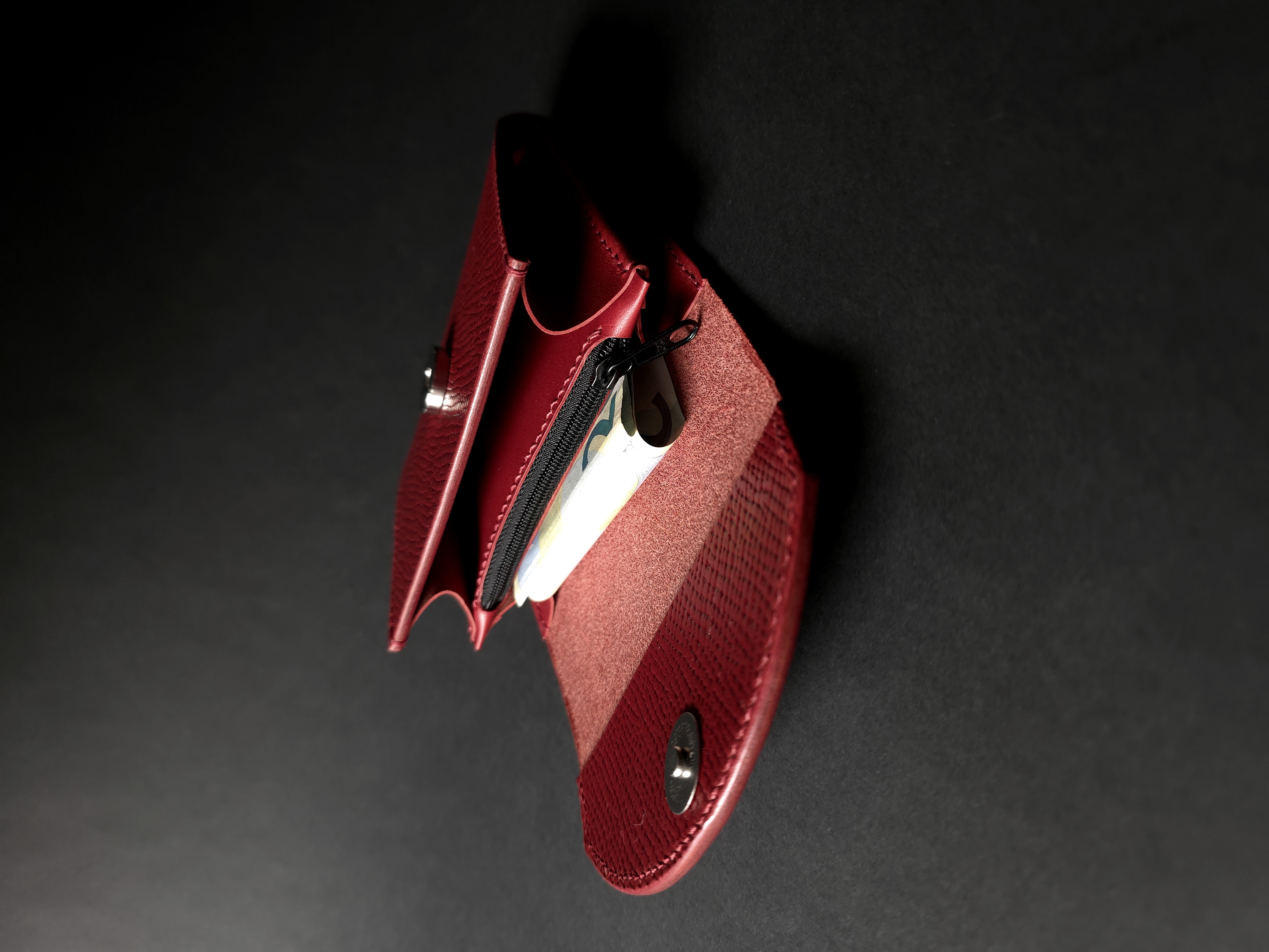 Red Full Grain Leather Flap Wallet with Coin Pouch