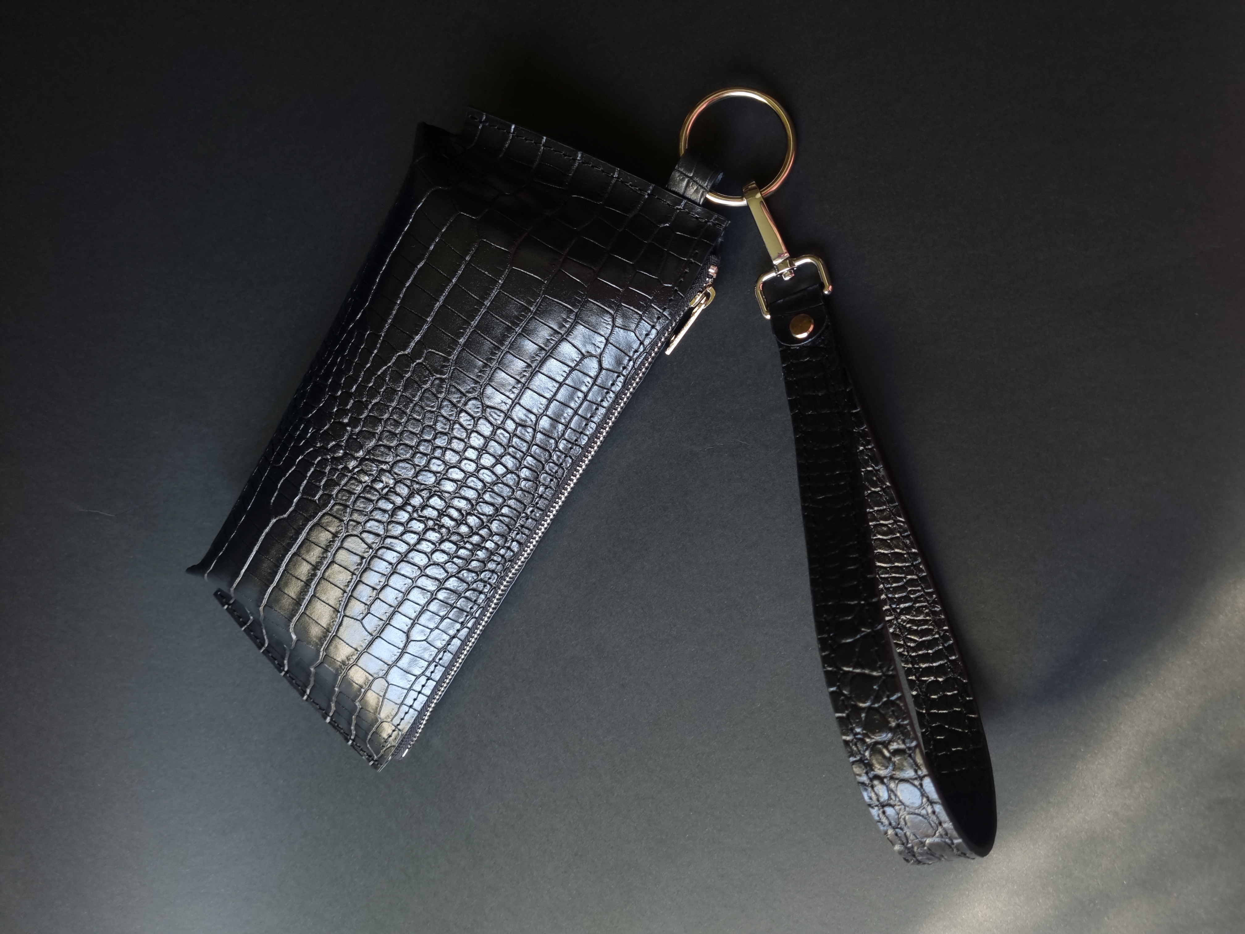 Black croco print leather wristlet
