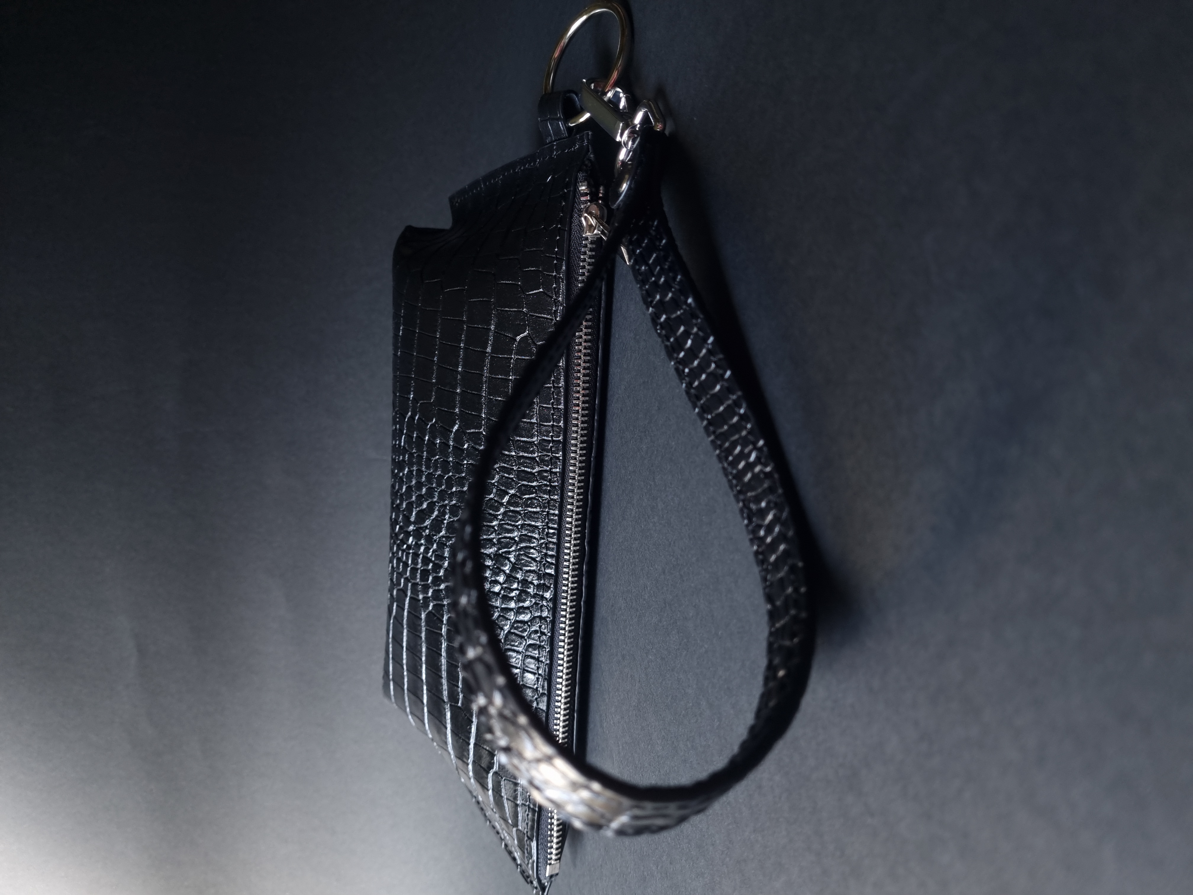 Black croco print leather wristlet