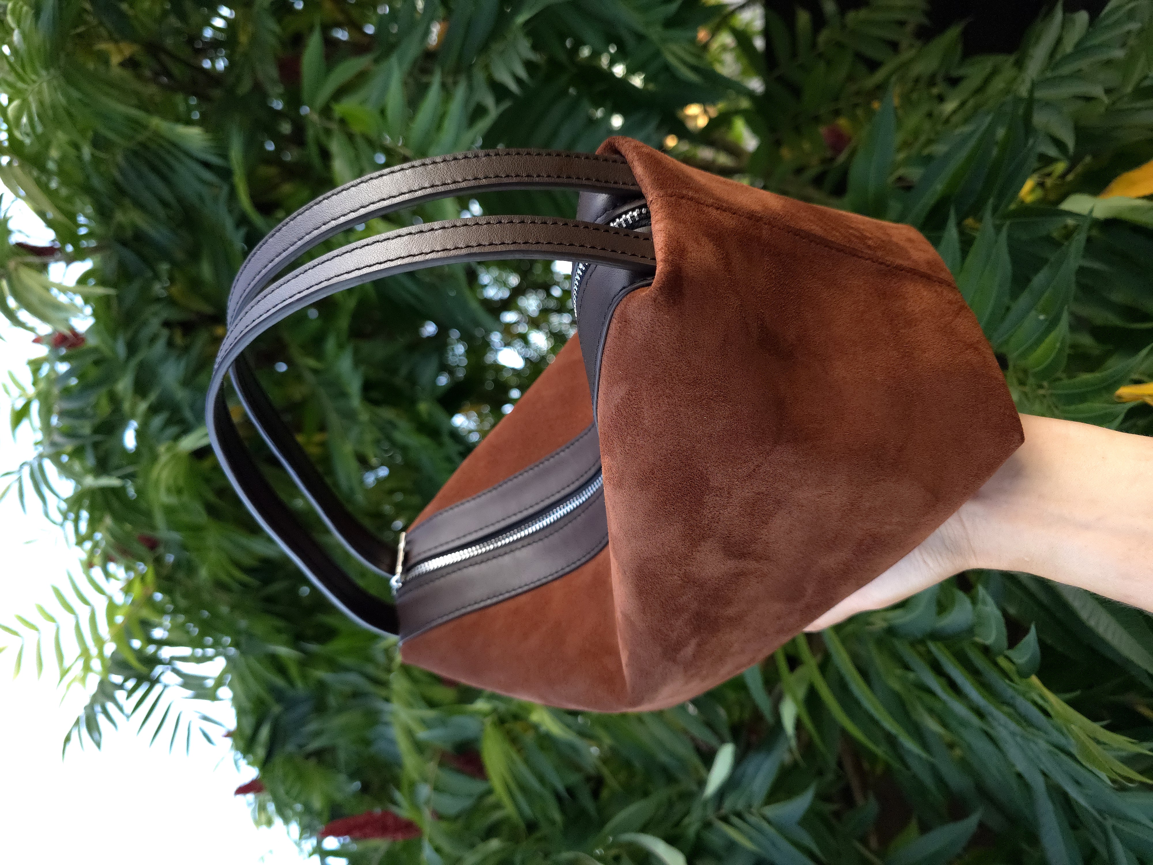 Suede Handbag with Brown Leather Handles
