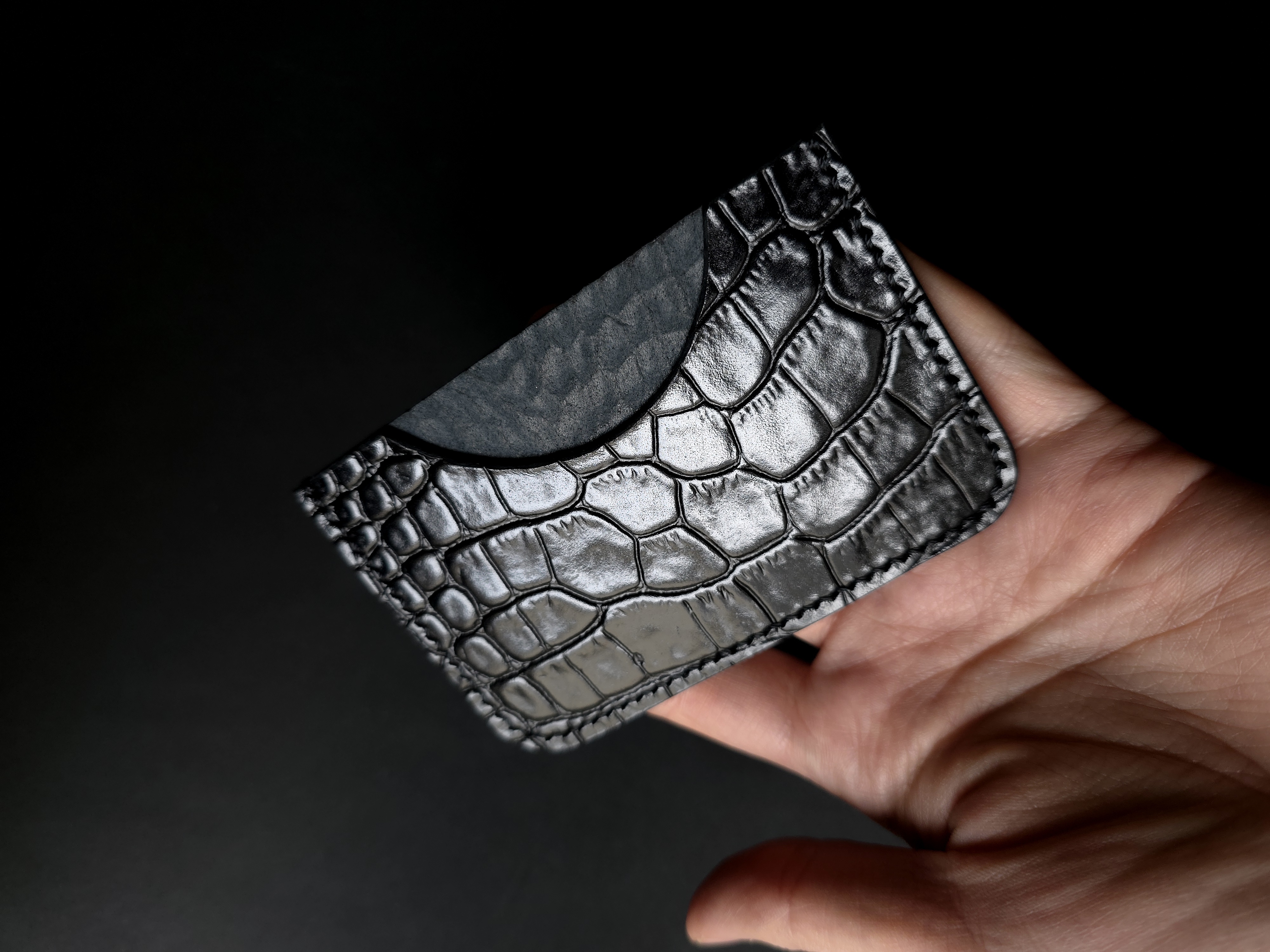 Handstitched Black Crocodile Print Leather Card Holder