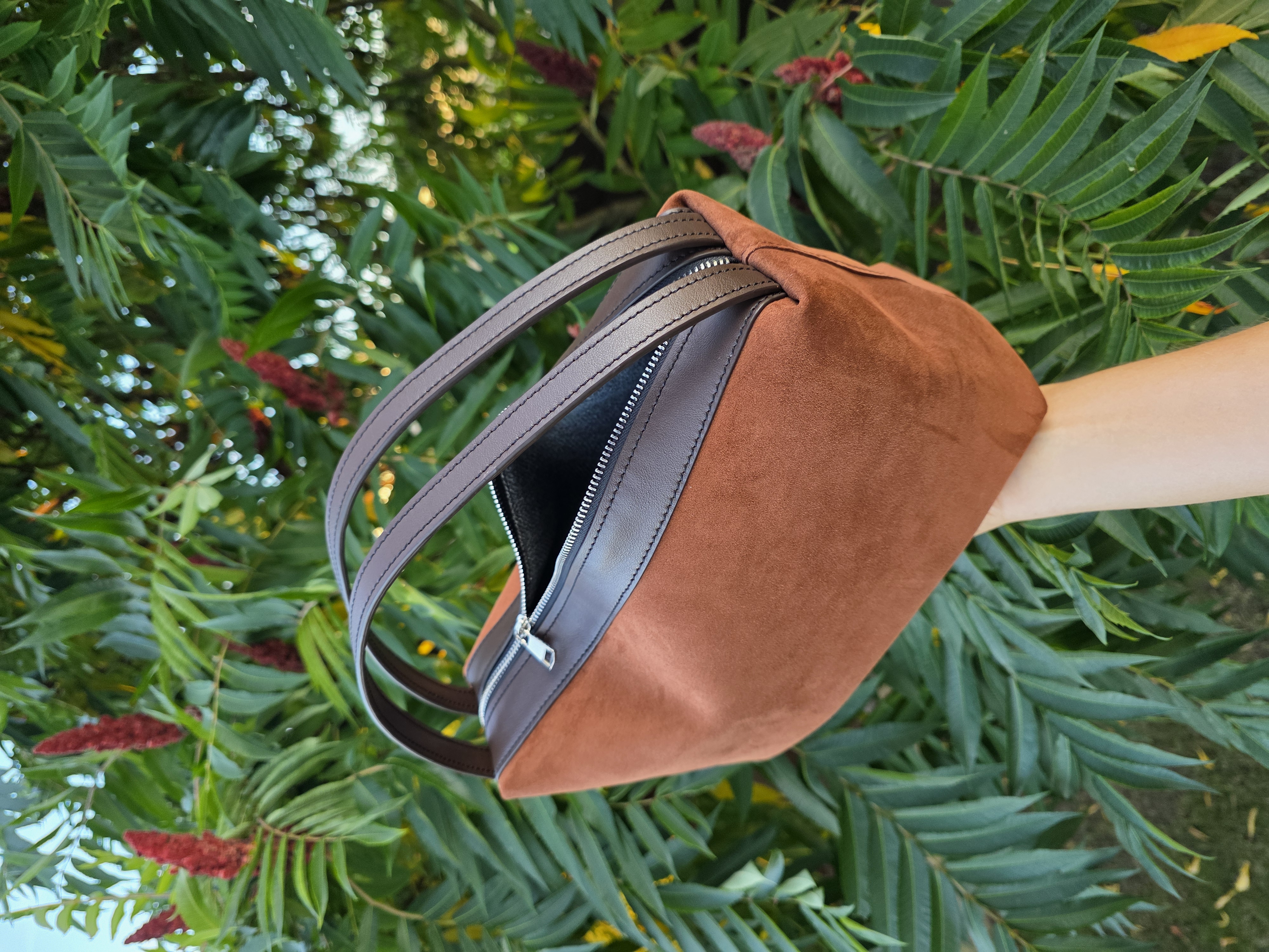 Suede Handbag with Brown Leather Handles