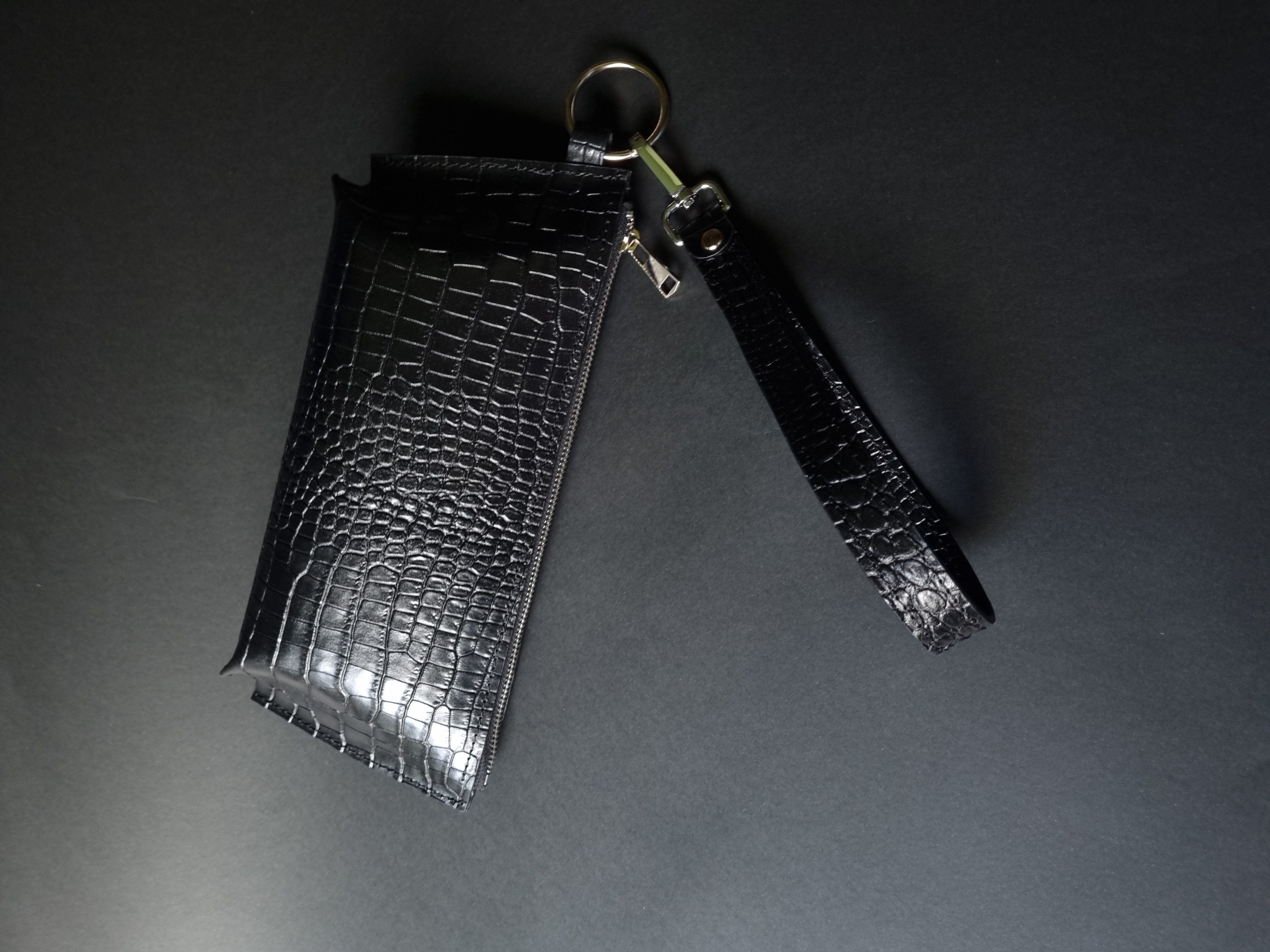 Black croco print leather wristlet