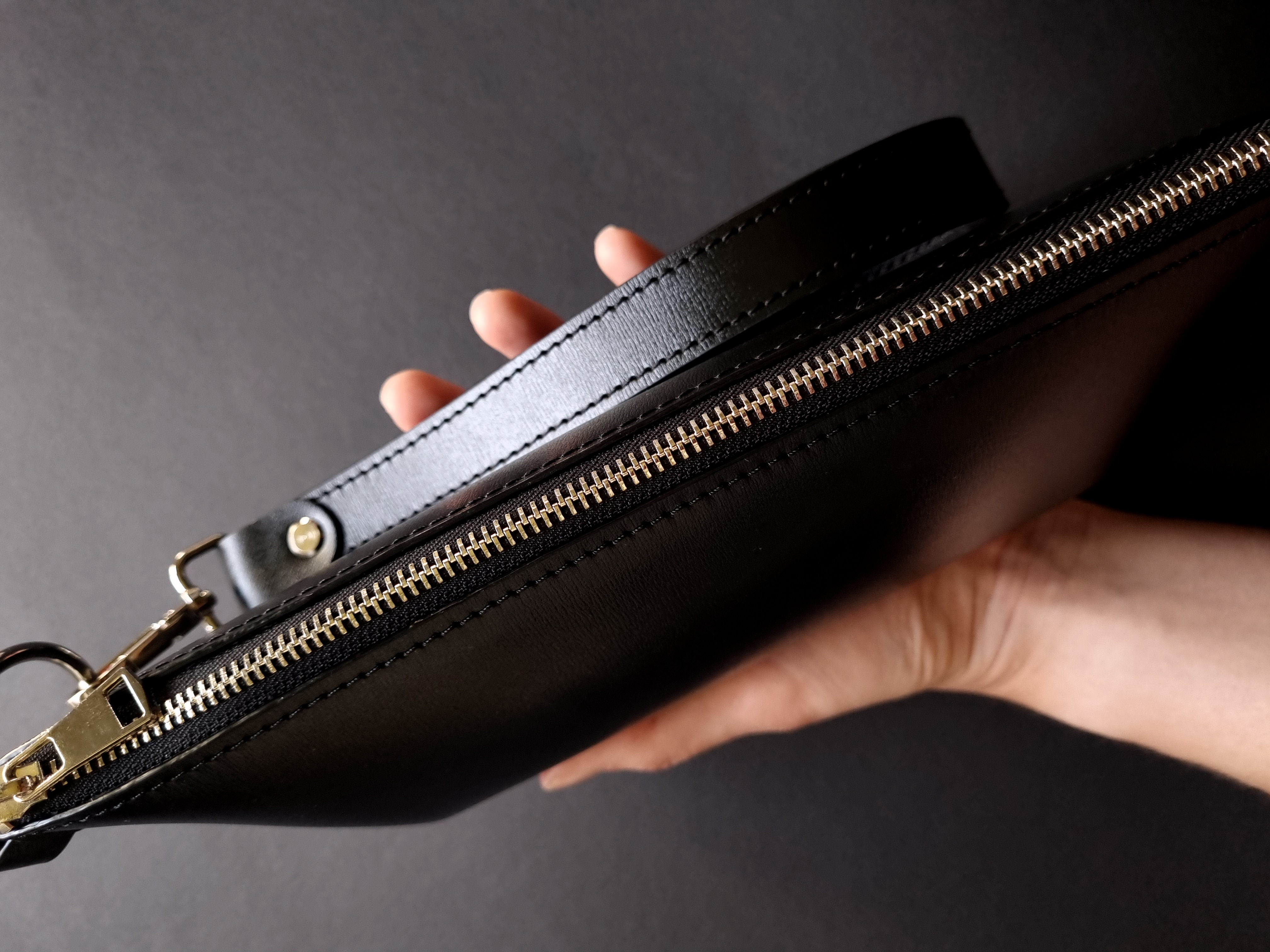 Black Textured Leather Wristlet Pouch