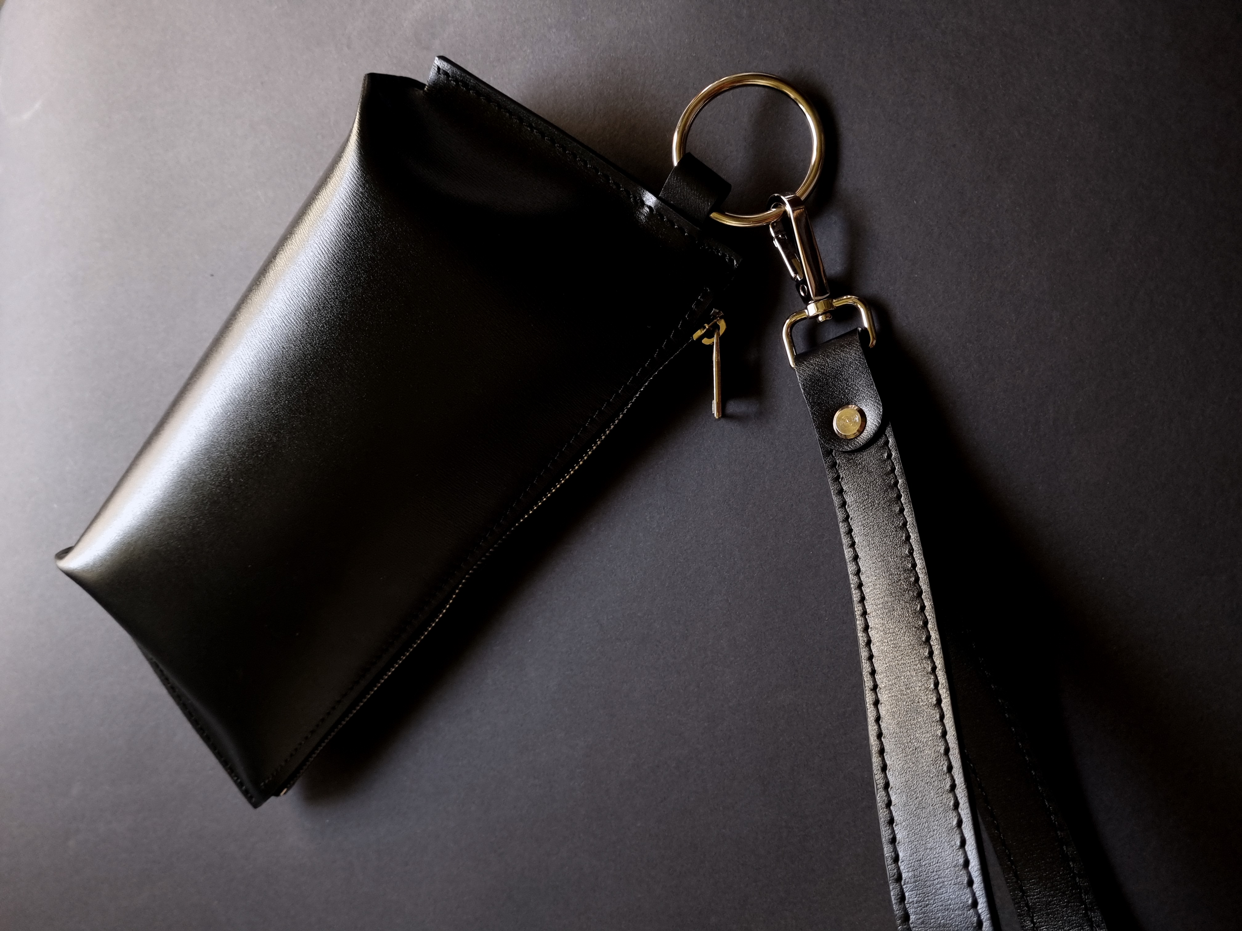 Black Textured Leather Wristlet Pouch