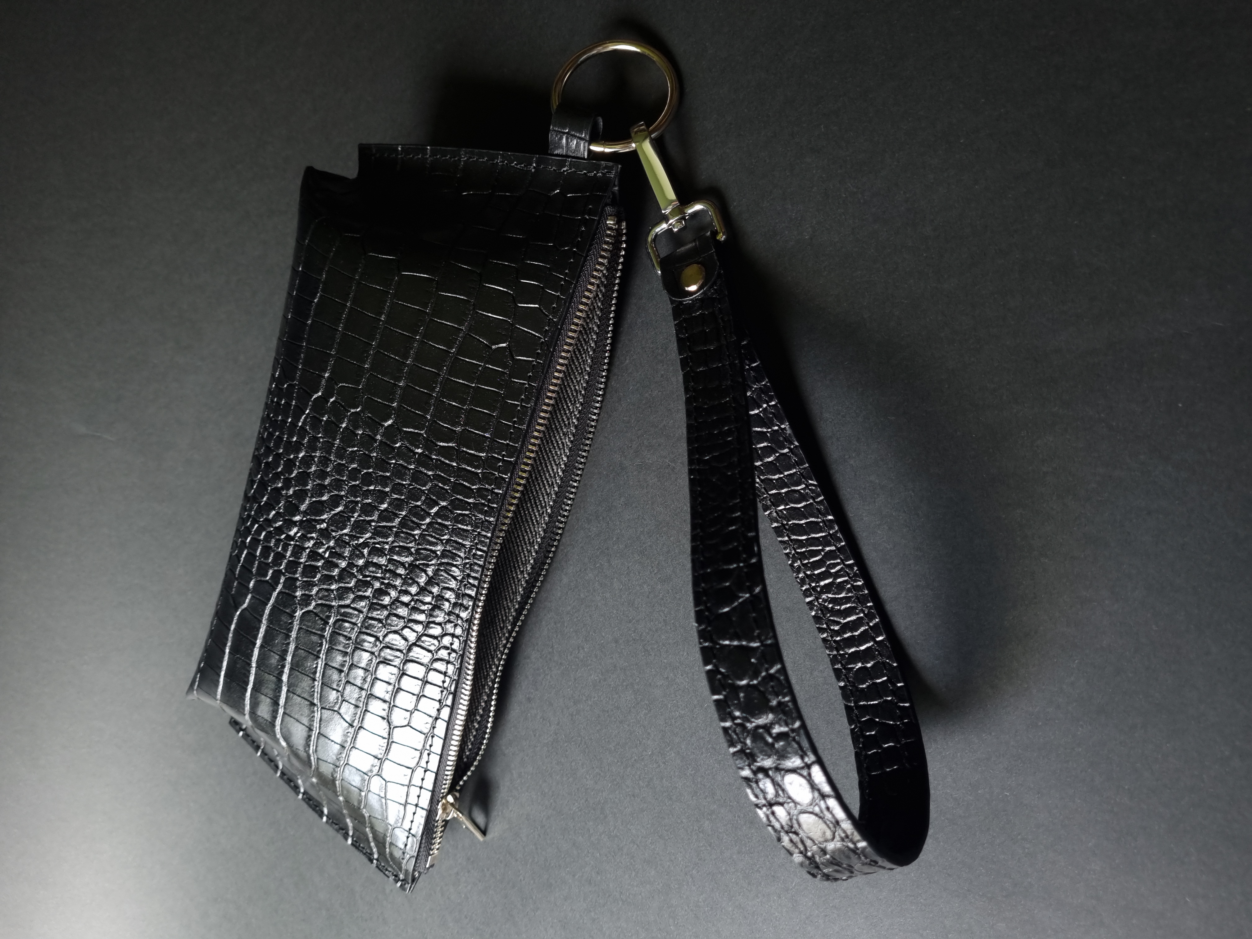 Black croco print leather wristlet