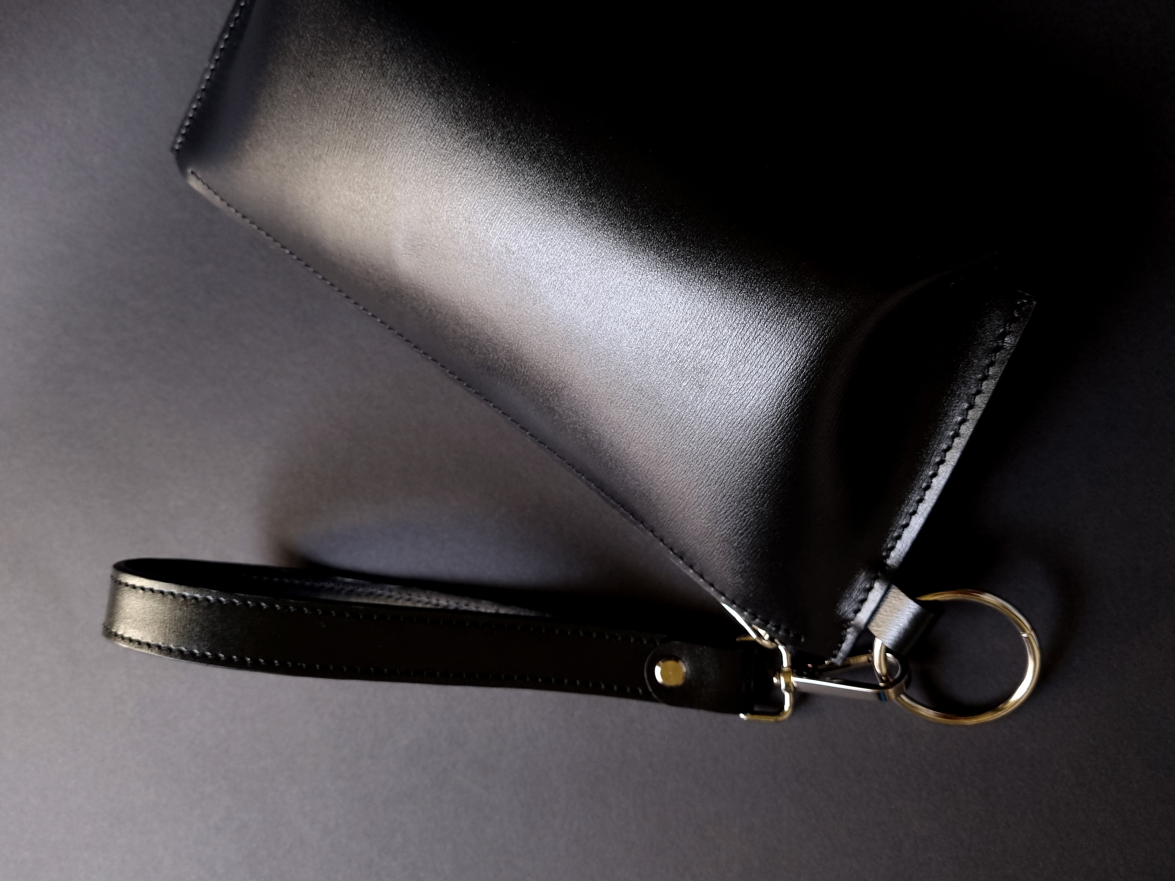Black Textured Leather Wristlet Pouch