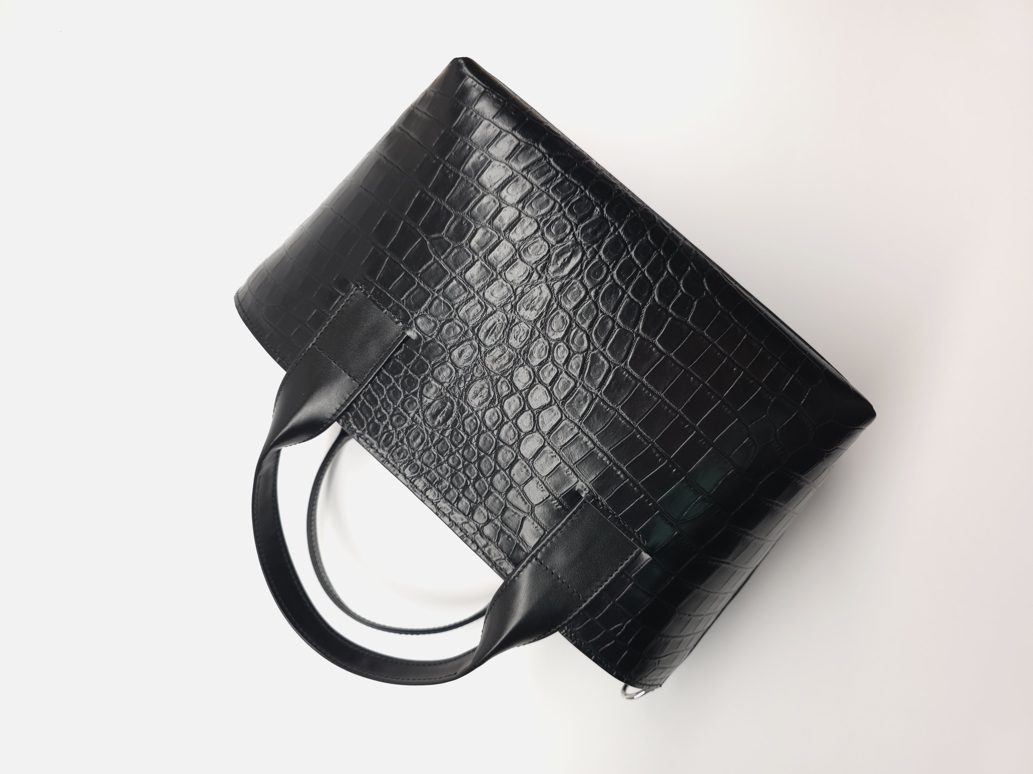 Croco print top handle leather bag