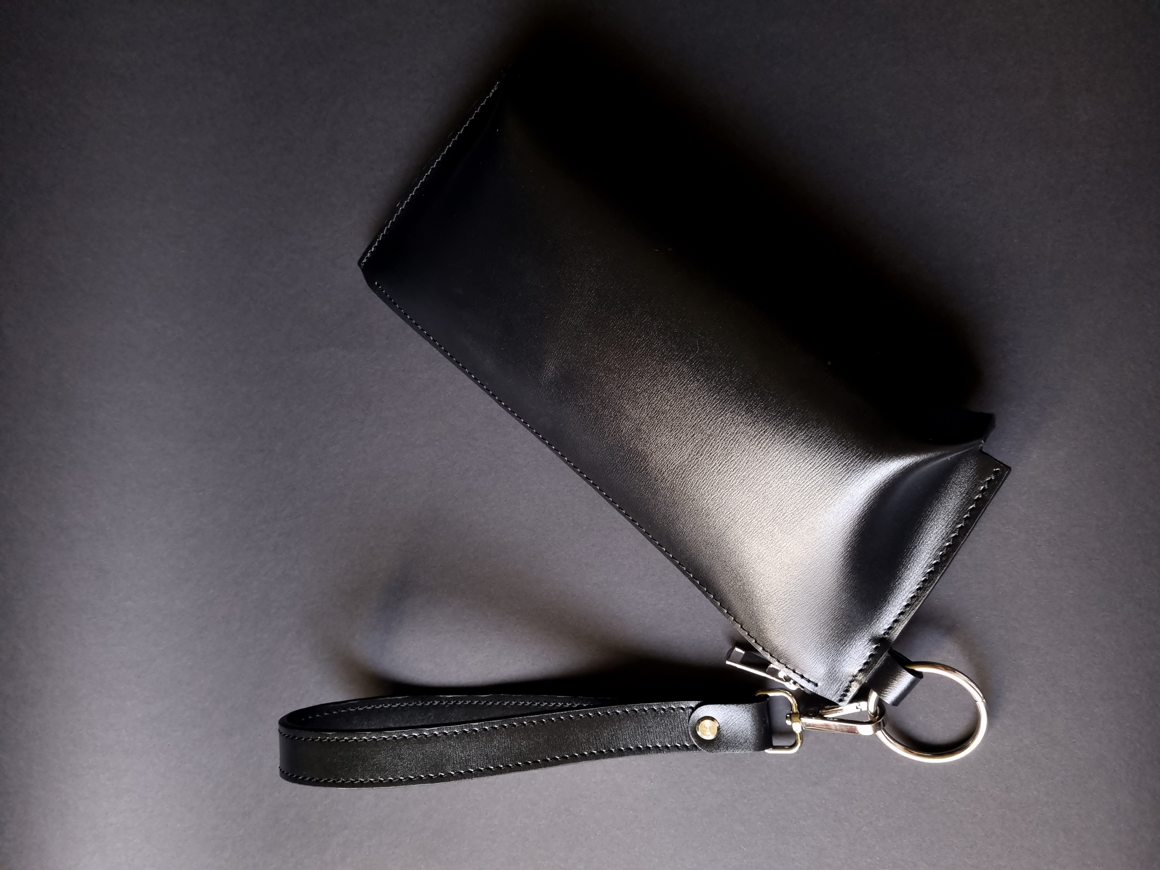 Black Textured Leather Wristlet Pouch