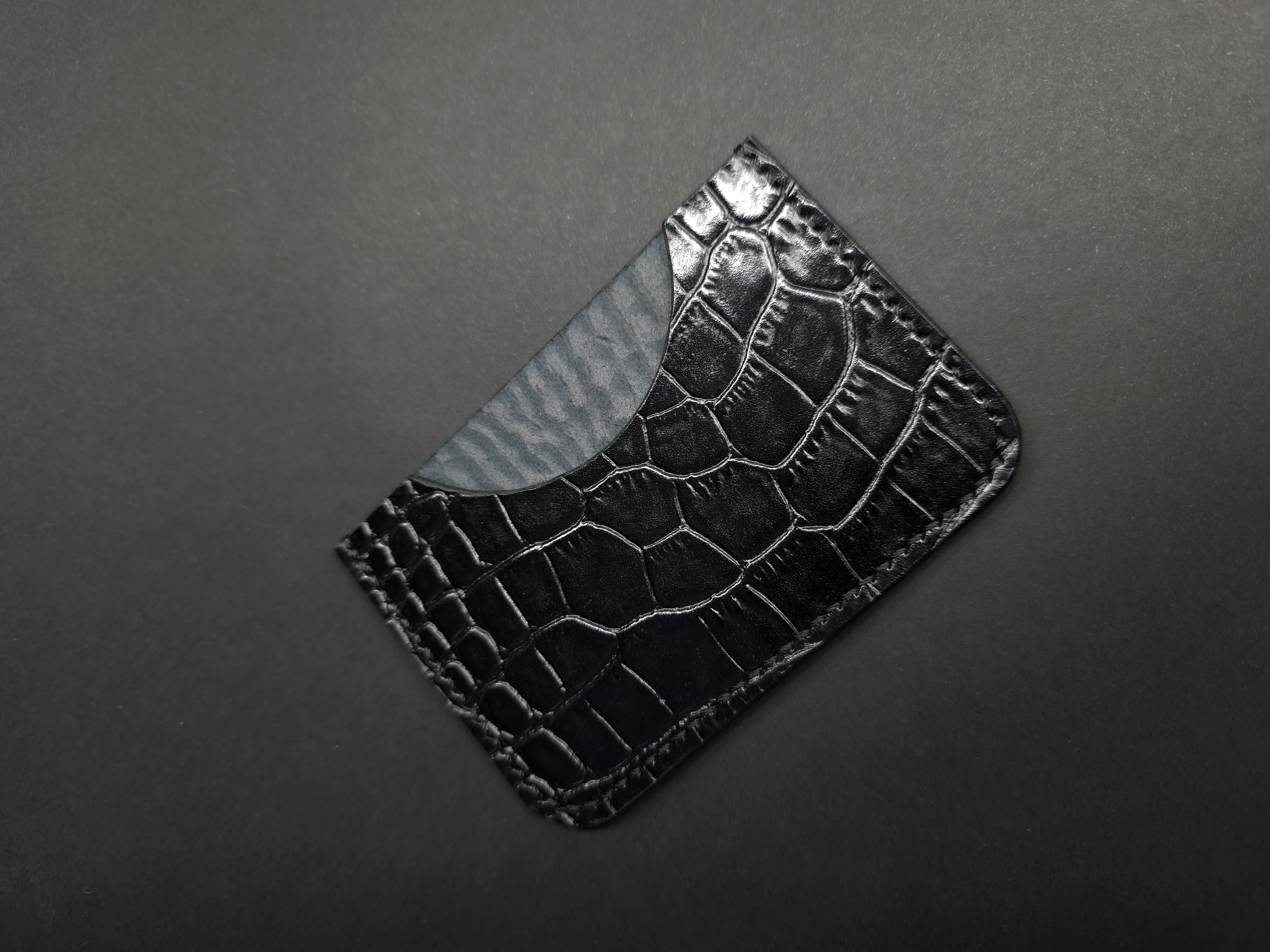 Handstitched Black Crocodile Print Leather Card Holder