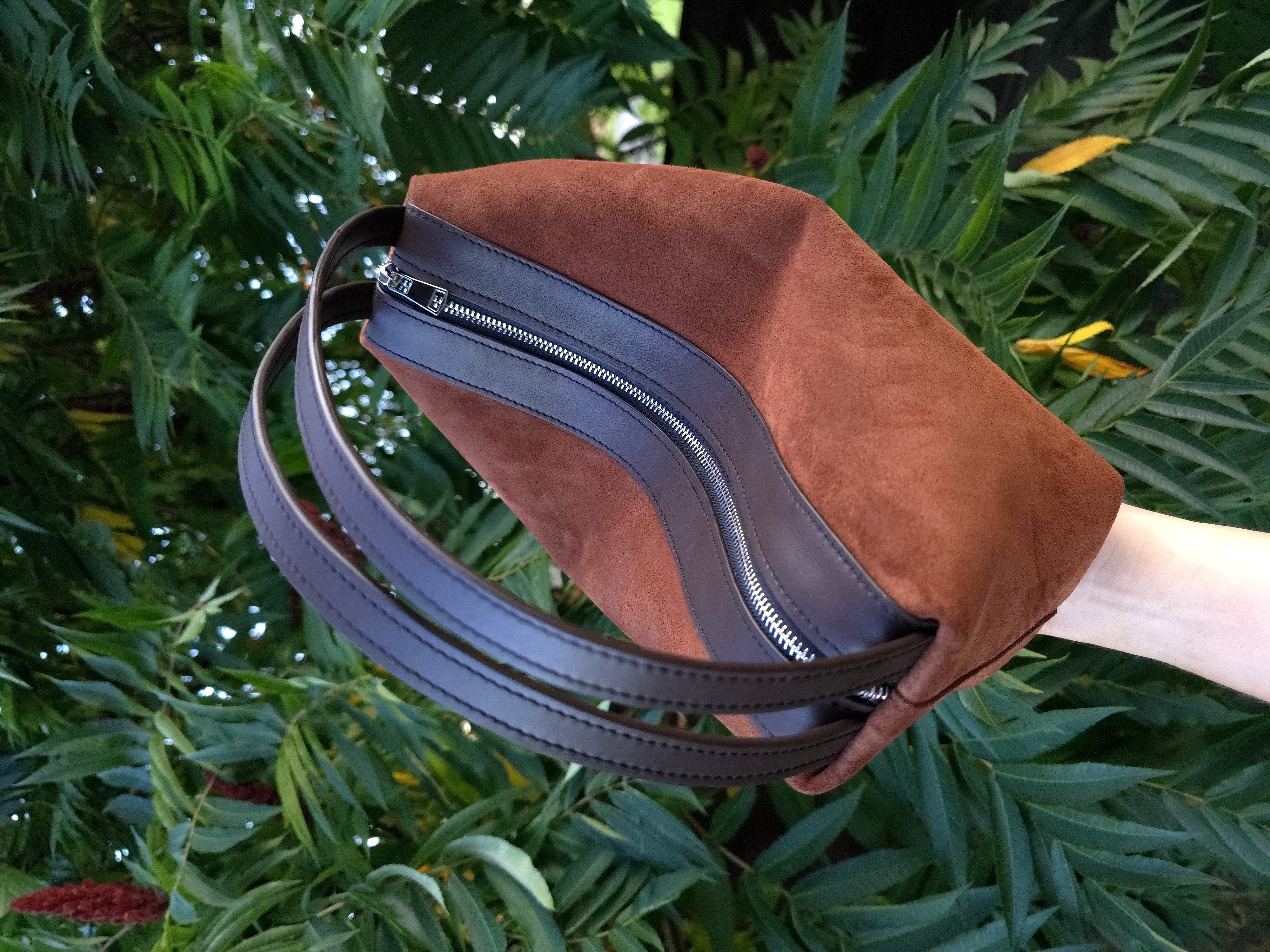 Suede Handbag with Brown Leather Handles