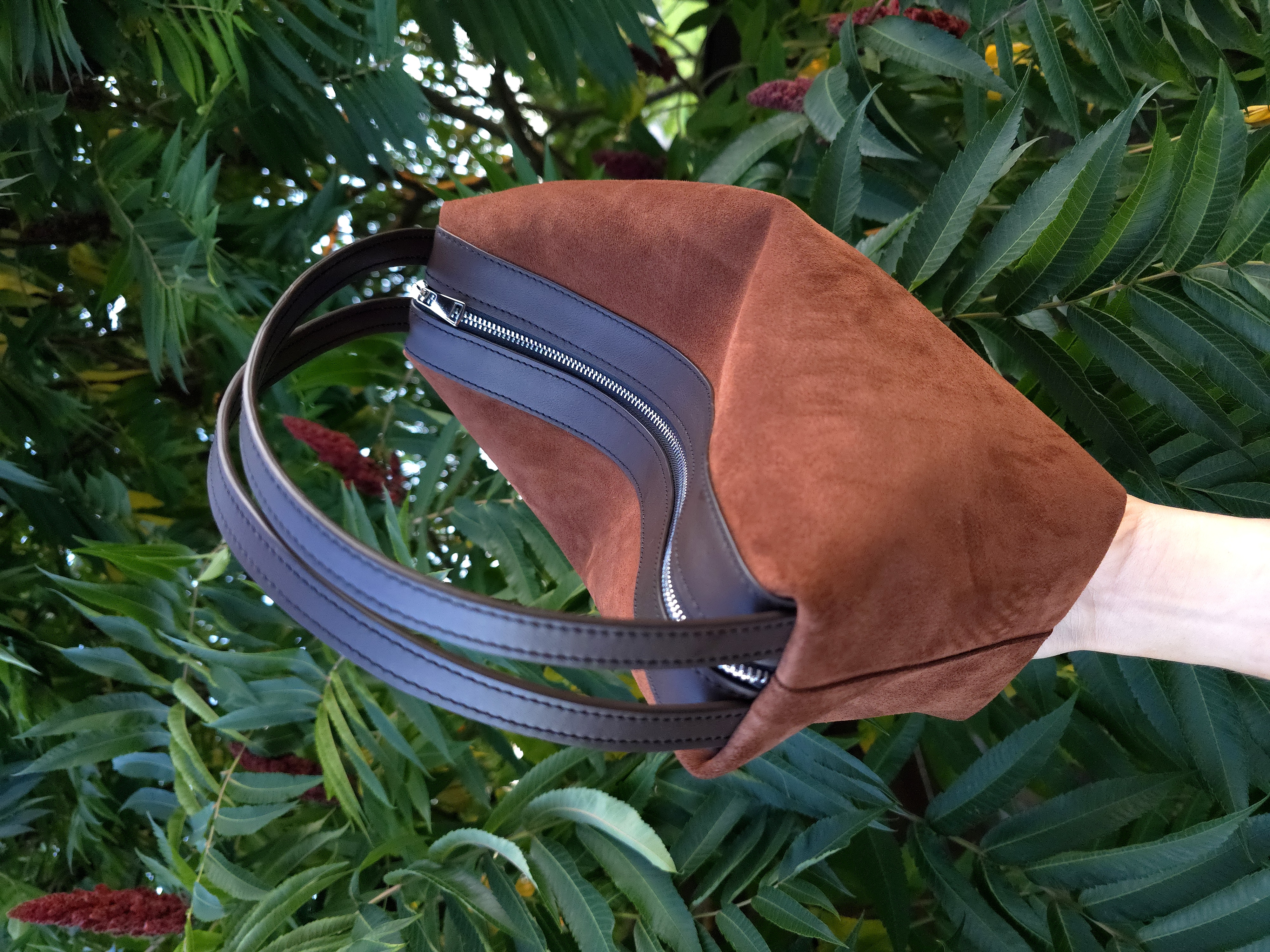 Suede Handbag with Brown Leather Handles