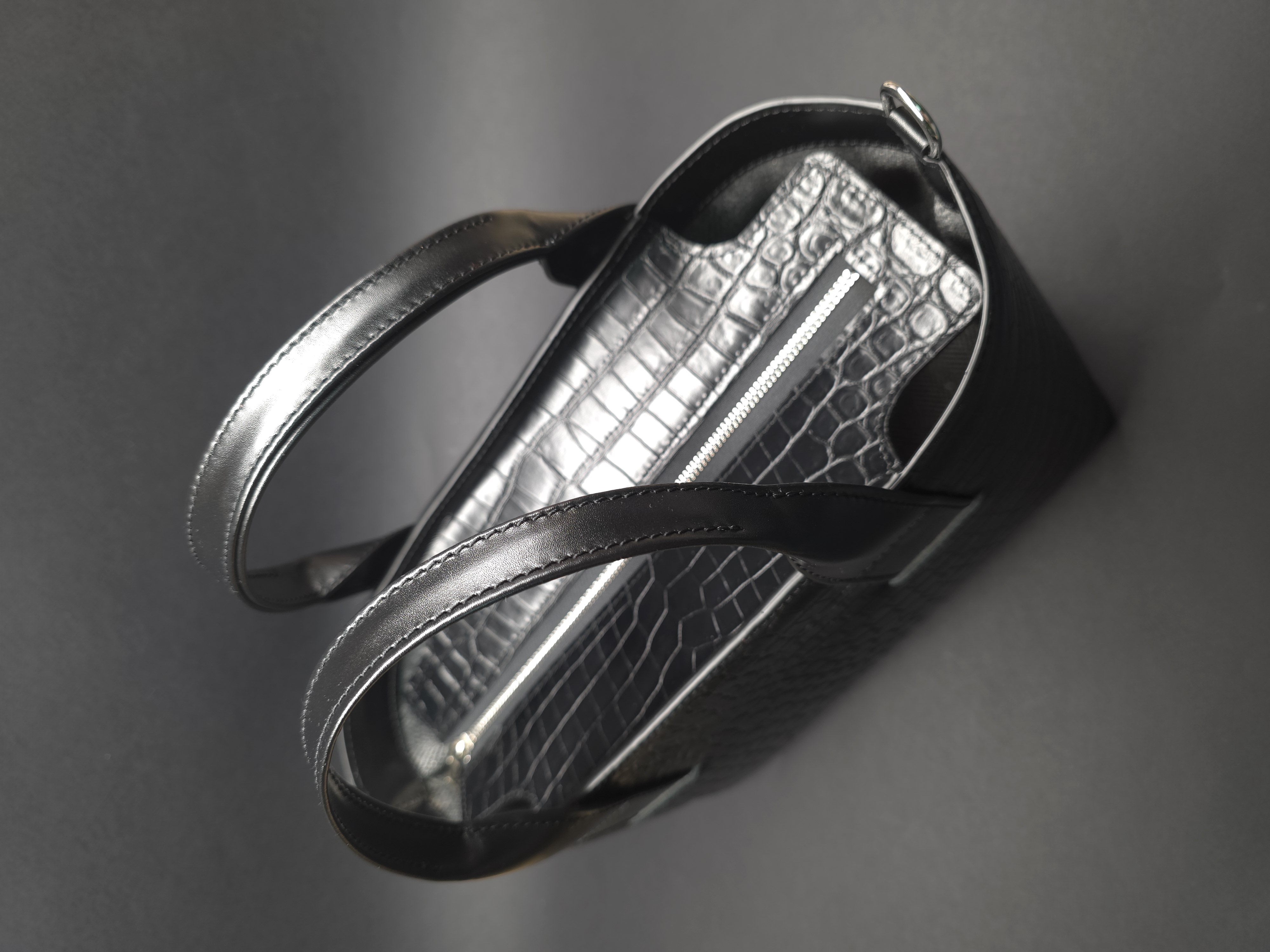 Croco print top handle leather bag