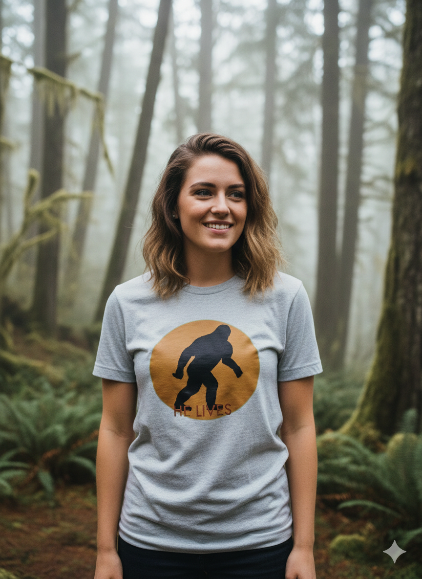 Bigfoot Graphic "He Lives". Tee shirts starting at $25 (Sweat Shirts Available)