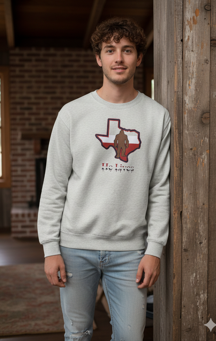 Texas Bigfoot "He Lives"" Tee shirts starting at $25 (Sweat Shirts Available)