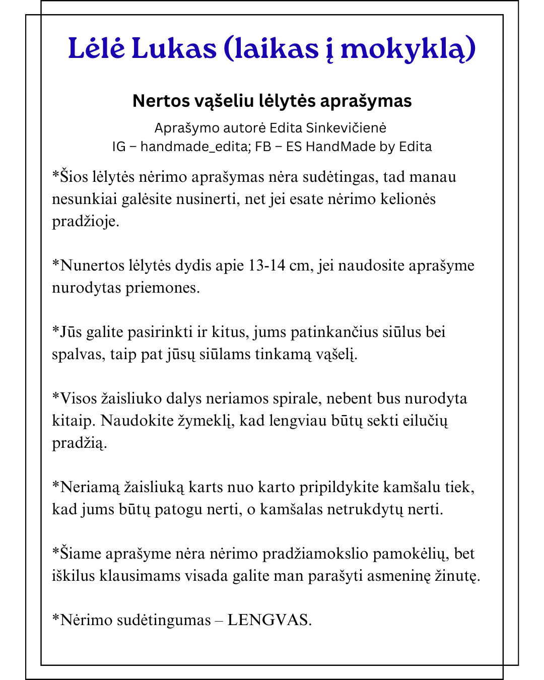 Lėlytė Lukas nėrimo vąšeliu aprašymas